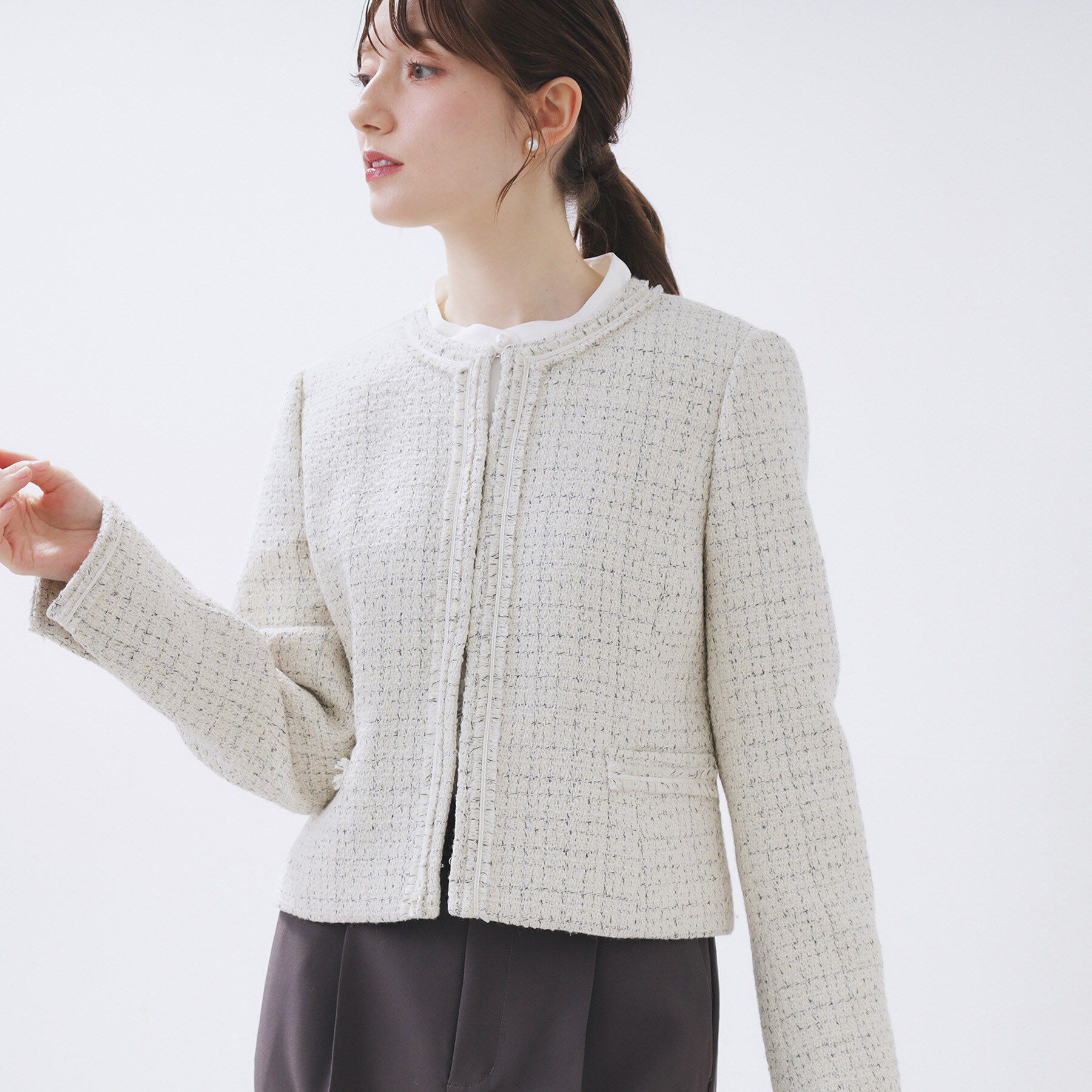 index「《通勤/セットアップ対応》ノーカラーツイードジャケット【洗濯機OK】」|ノーカラージャケット|