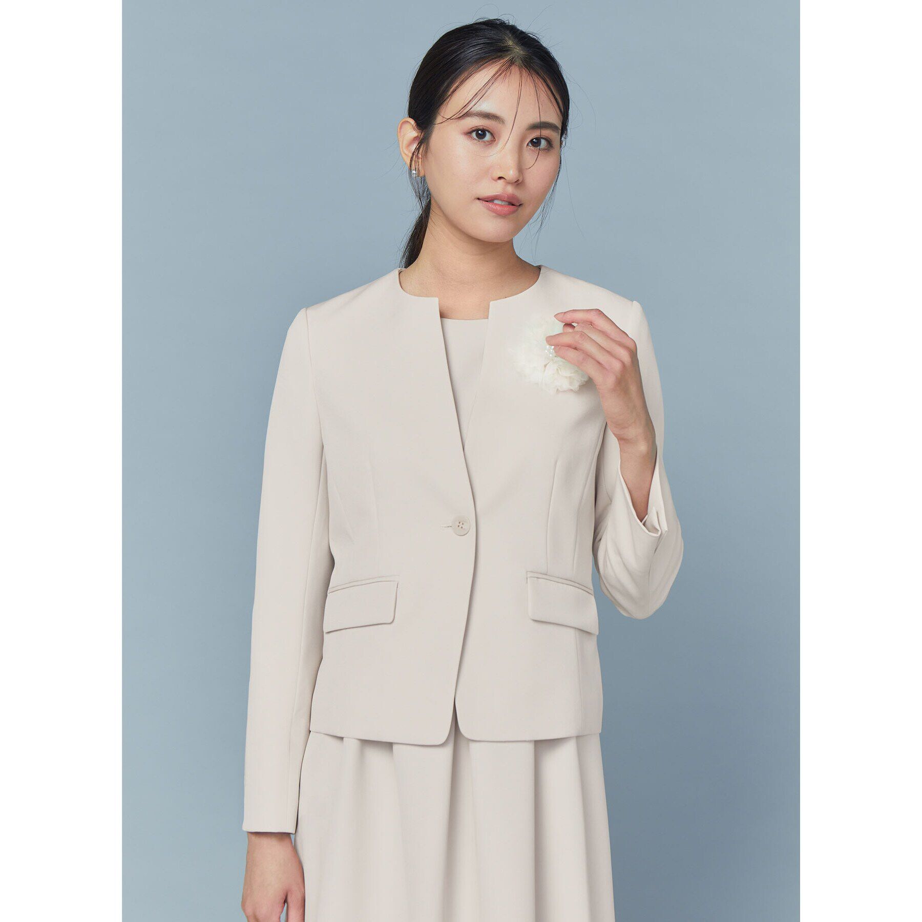 OPAQUE.CLIP「《通勤セットアップ対応》キーネックジャケットダブルクロス【洗濯機洗い可】」|ノーカラージャケット|