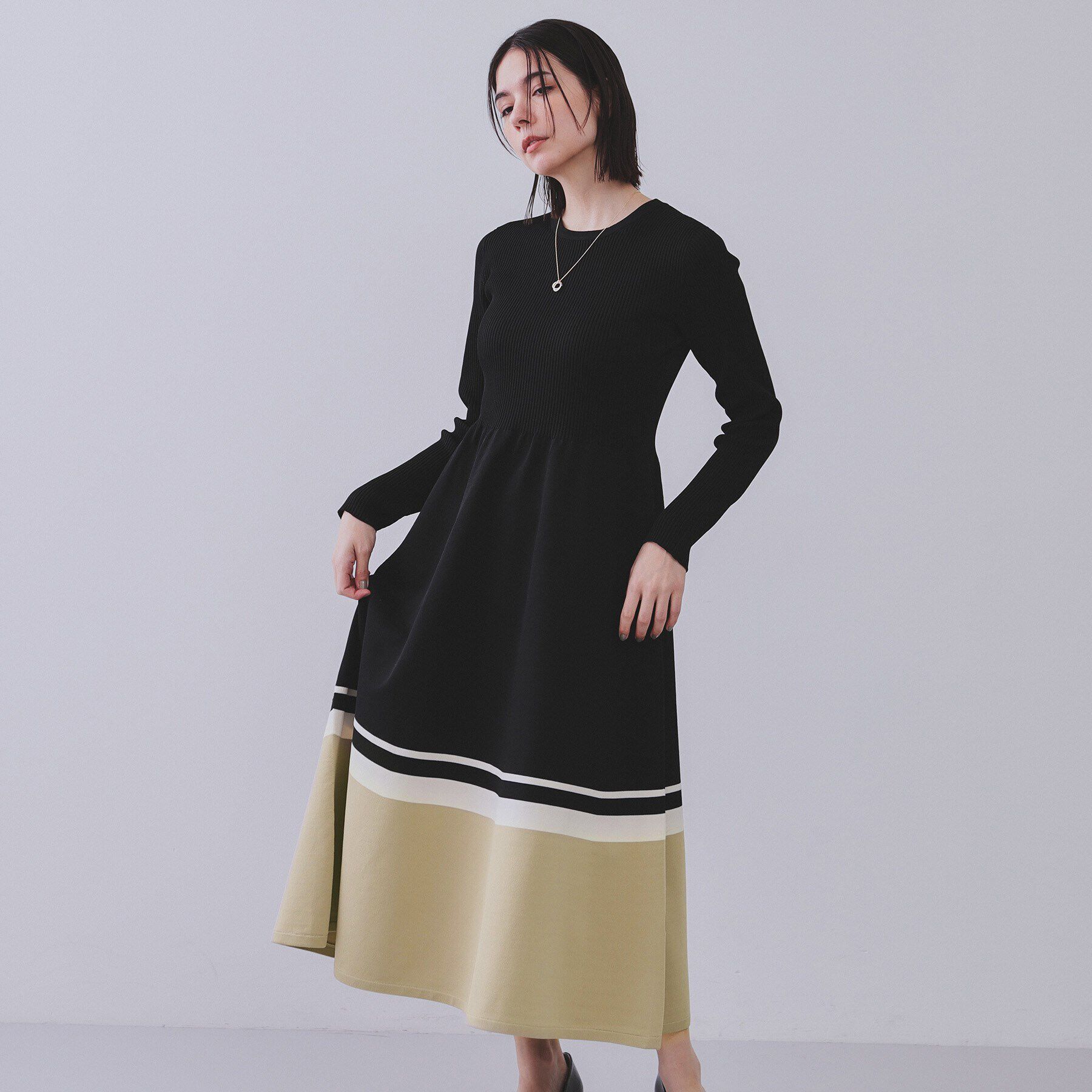 OPAQUE.CLIP「配色ラインフィット＆フレアニットワンピース【洗濯機洗い可/抗ピル】」|ワンピース|