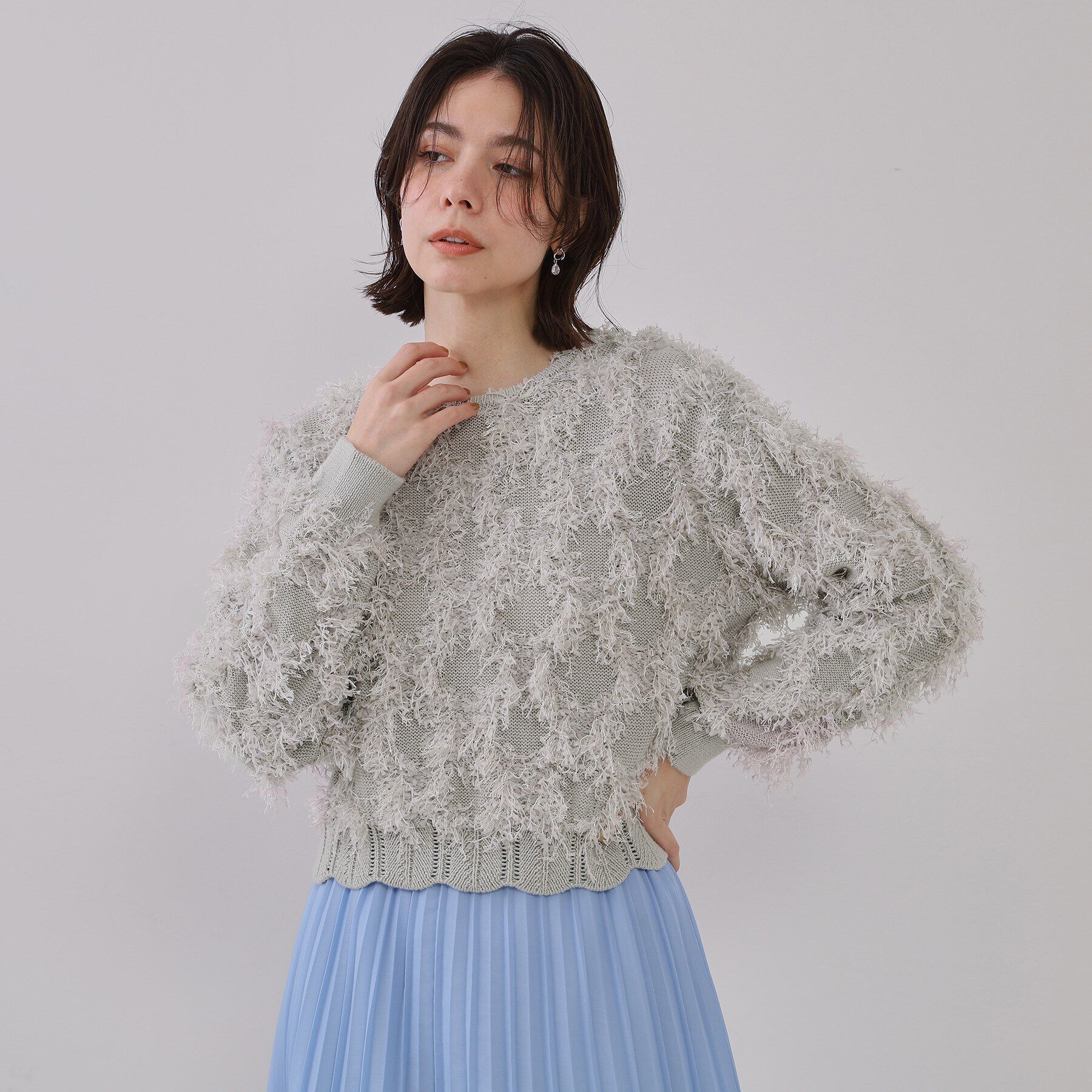 OPAQUE.CLIP「フリンジスパンコールニット【洗える】」|ニット・セーター|ライトグレー(011