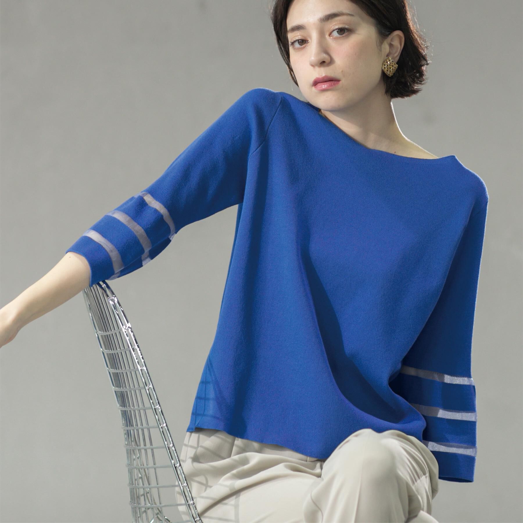 OPAQUE.CLIP「《6色展開》シアーボーダーフレアスリーブニット【洗濯機洗い可】」|ニット・セーター|