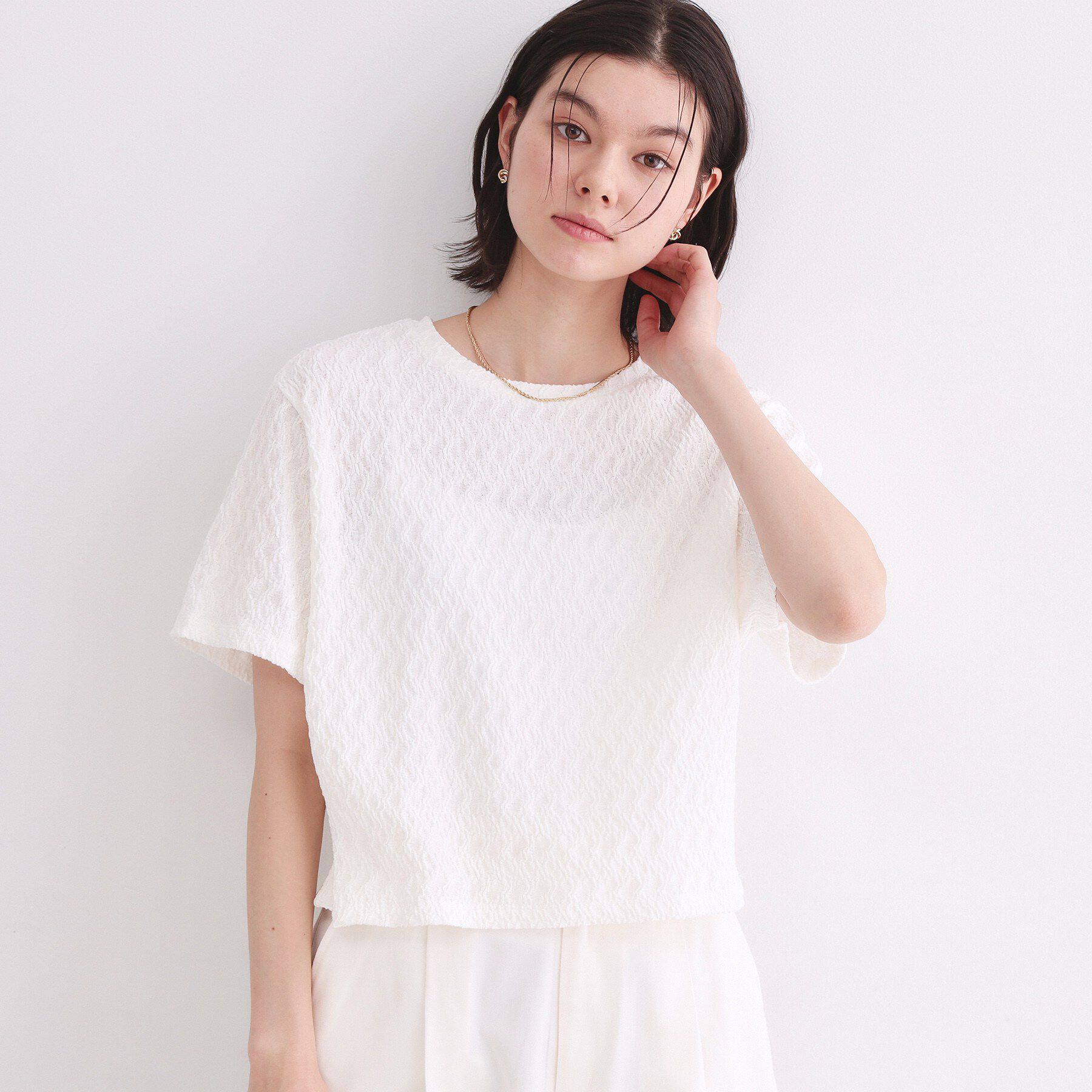 OPAQUE.CLIP「ふくれジャカードトップス【洗濯機洗い可】」|Tシャツ・カットソー|ホワイト(001)