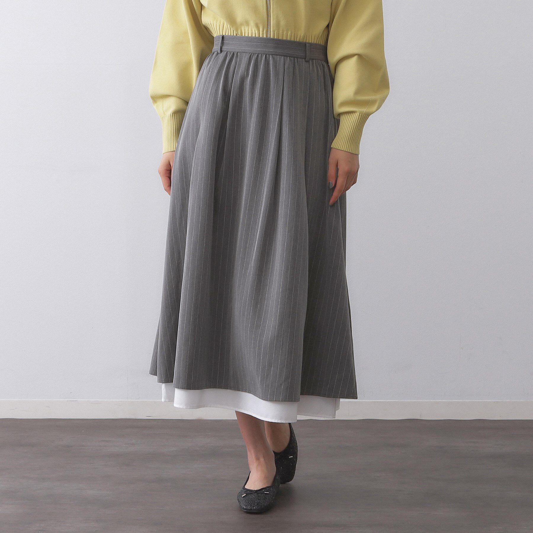 OPAQUE.CLIP「ピンストライプレイヤード風フレアスカート【洗濯機洗い可】」|スカート|