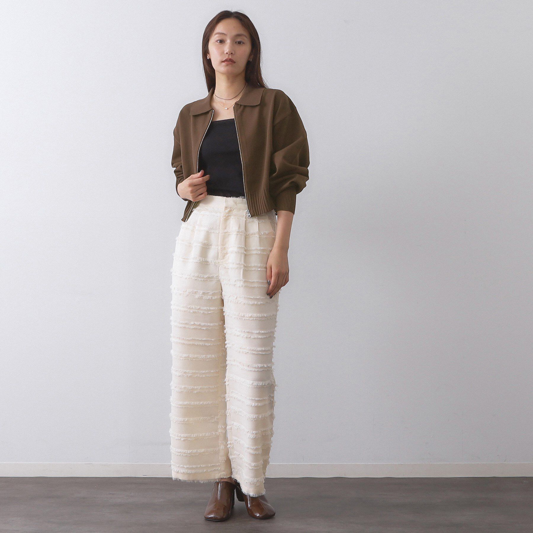 OPAQUE.CLIP「襟付きZIPアップニットカーディガン【洗濯機洗い可/抗ピル】」|カーディガン|