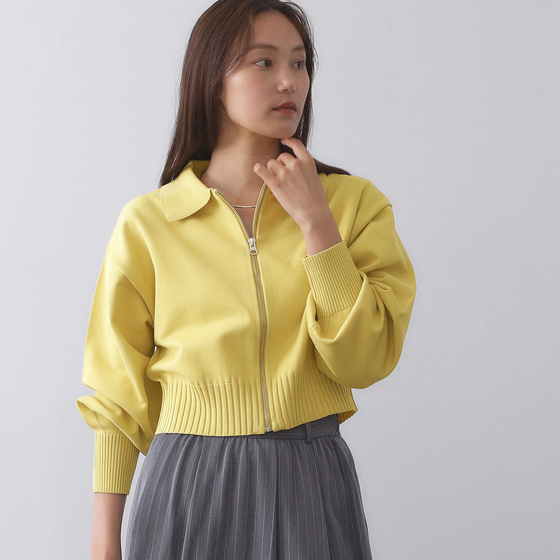 OPAQUE.CLIP「襟付きZIPアップニットカーディガン【洗濯機洗い可/抗ピル】」|カーディガン|イエロー(032)