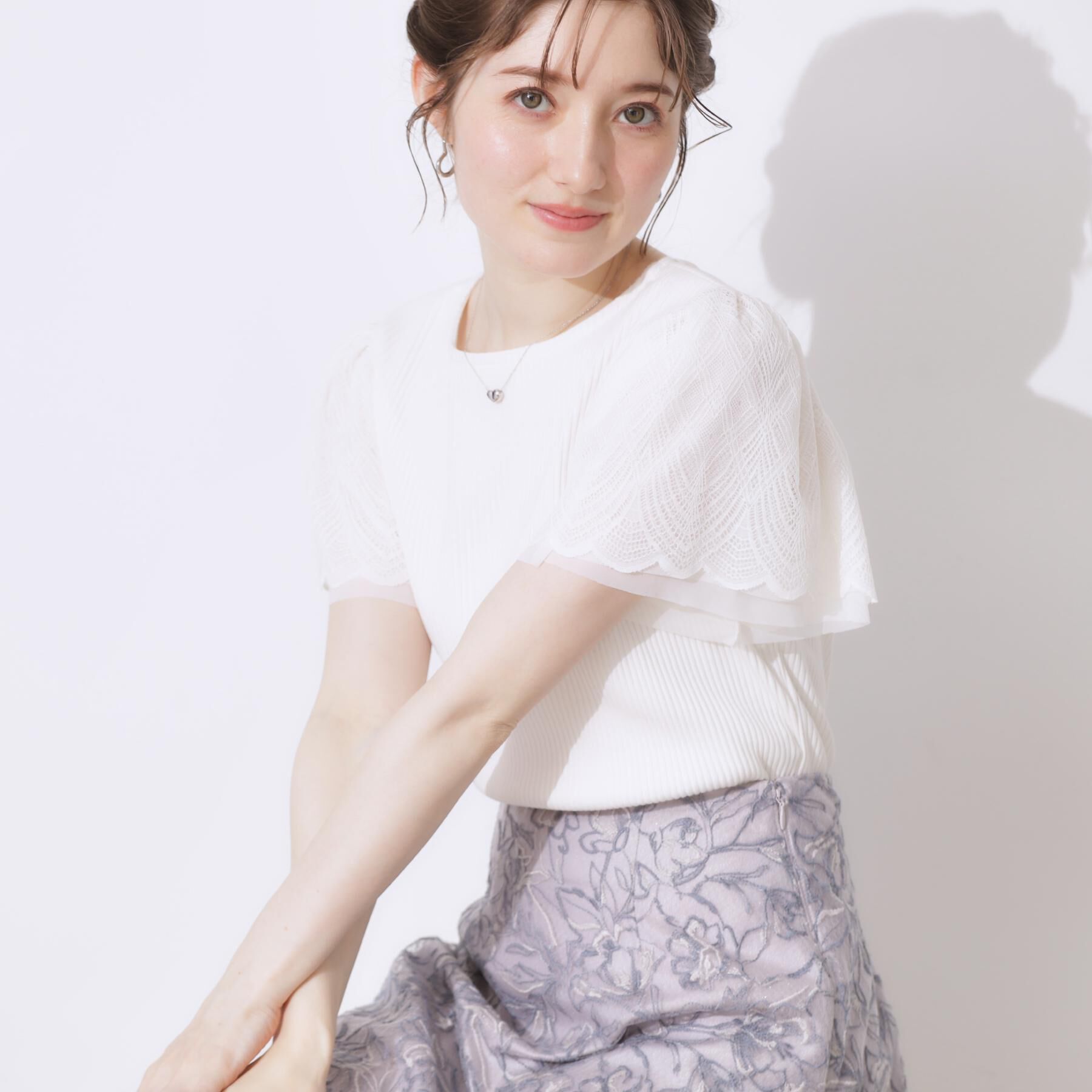Couture broach「【二の腕カバー・通勤】レース袖テレコトップス」|Tシャツ・カットソー|オフホワイト(003