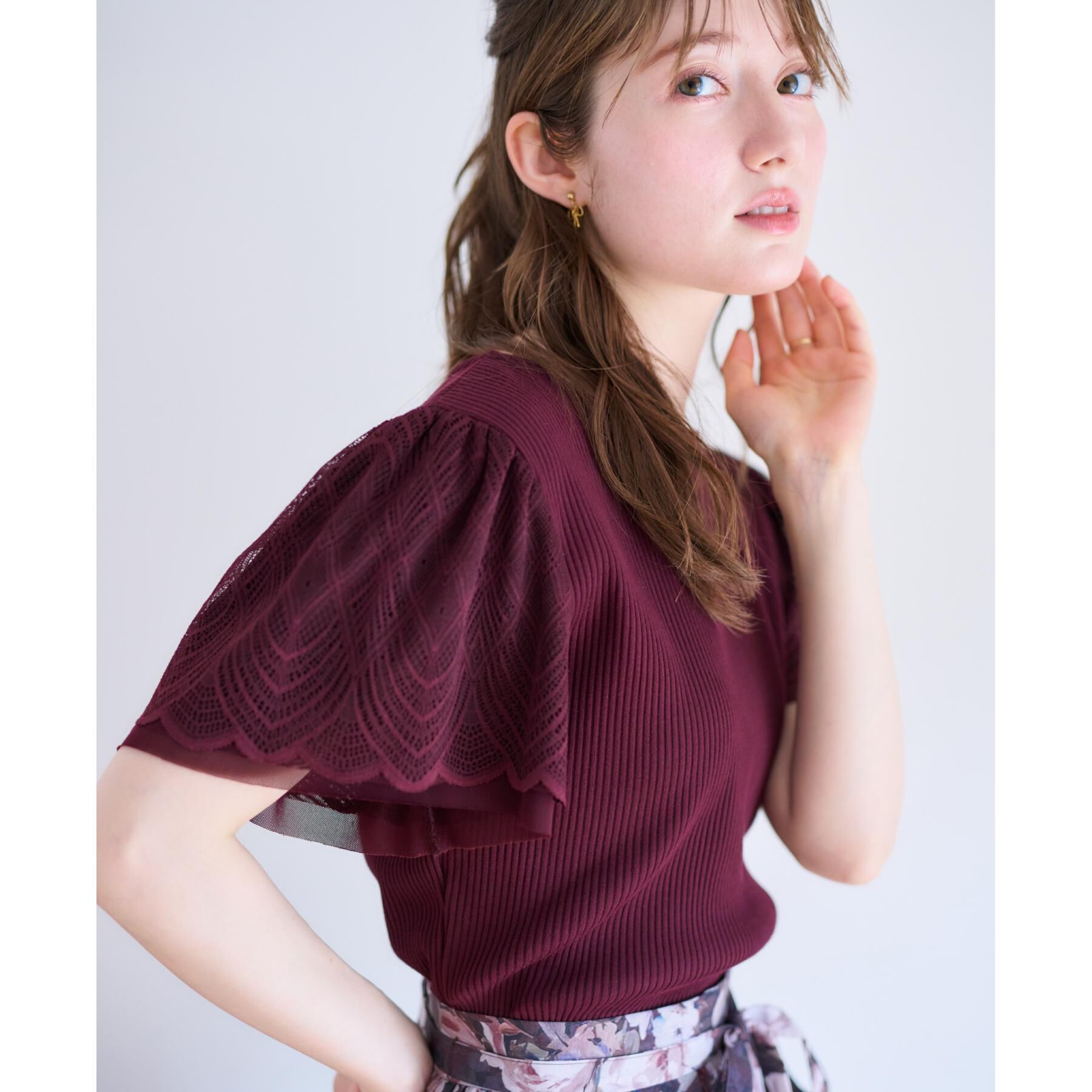Couture broach「【二の腕カバー・通勤】レース袖テレコトップス」|Tシャツ・カットソー|