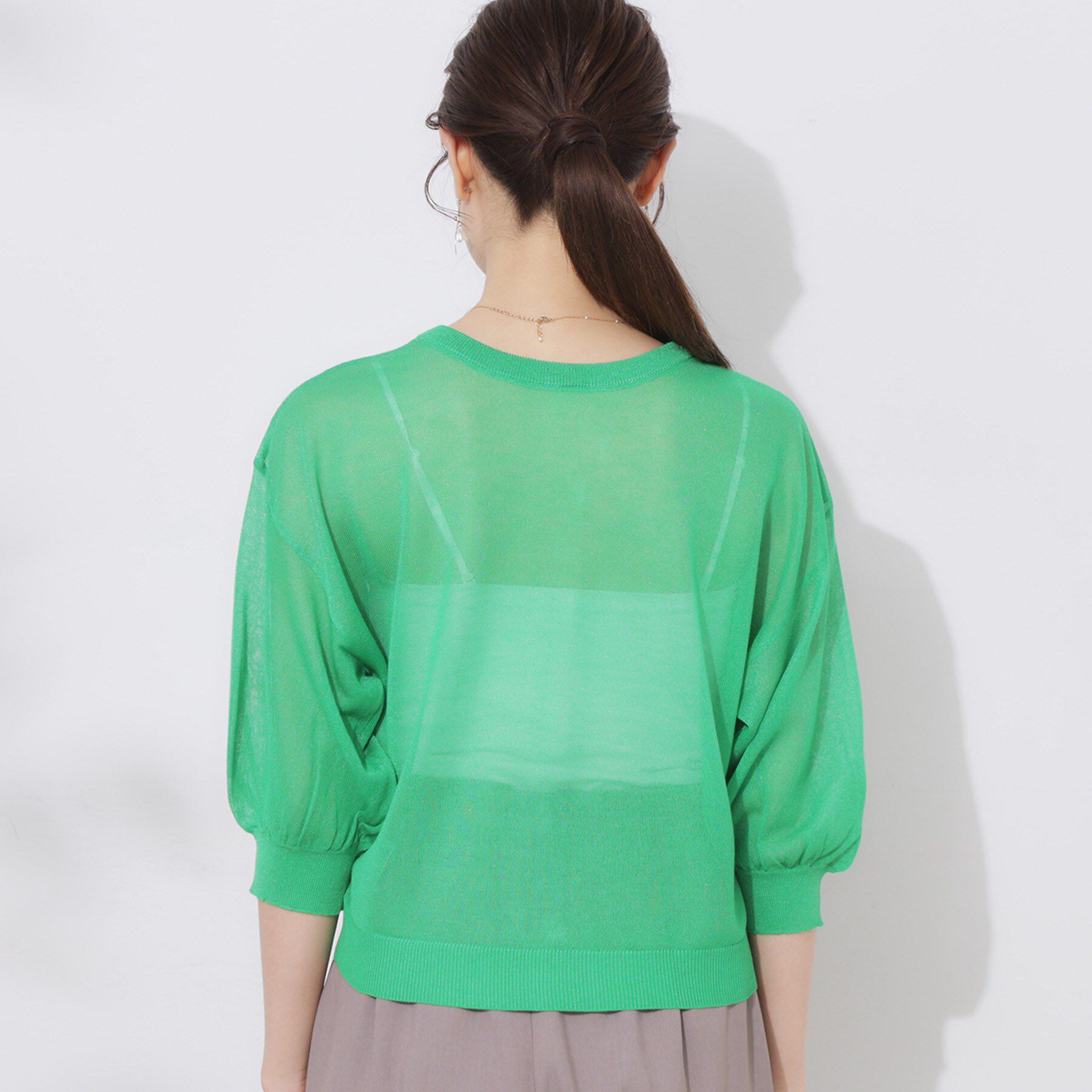 Couture broach「【前後2WAY・二の腕カバー】ダブルパール調釦5分袖シアーカーディガントップス」|カーディガン|