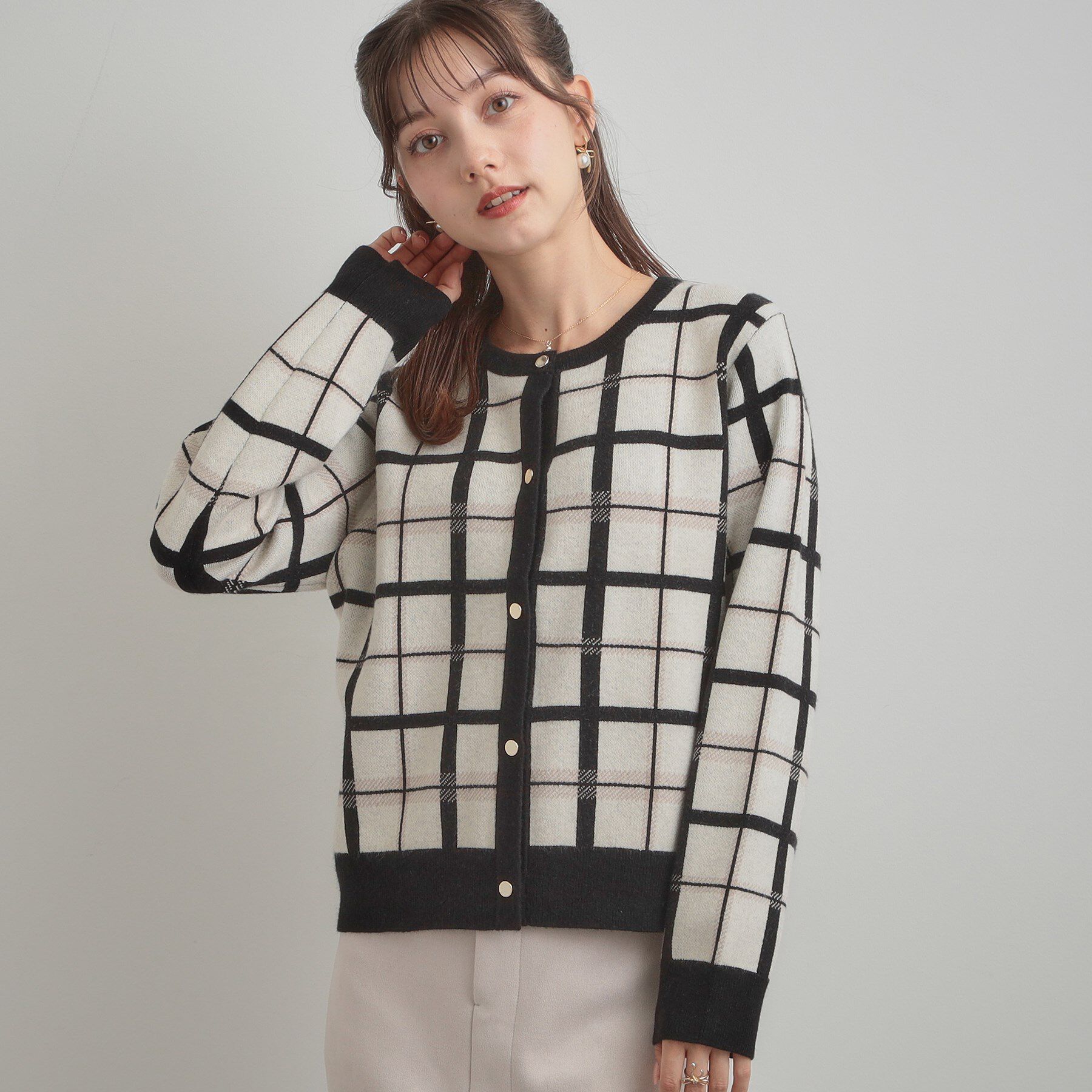 Couture broach「【大人可愛い・通勤】チェックジャカード ニットカーディガン」|カーディガン|
