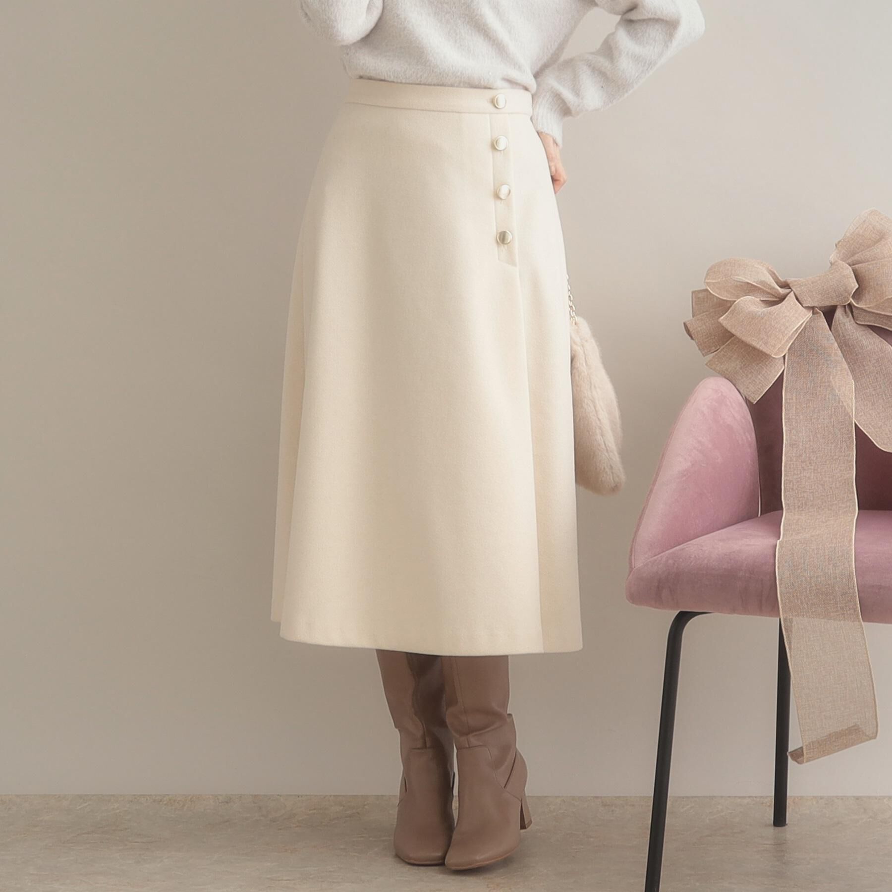 Couture broach「【通勤/金ボタン】フェイクウール ポンチスカート」|スカート|アイボリー(004)