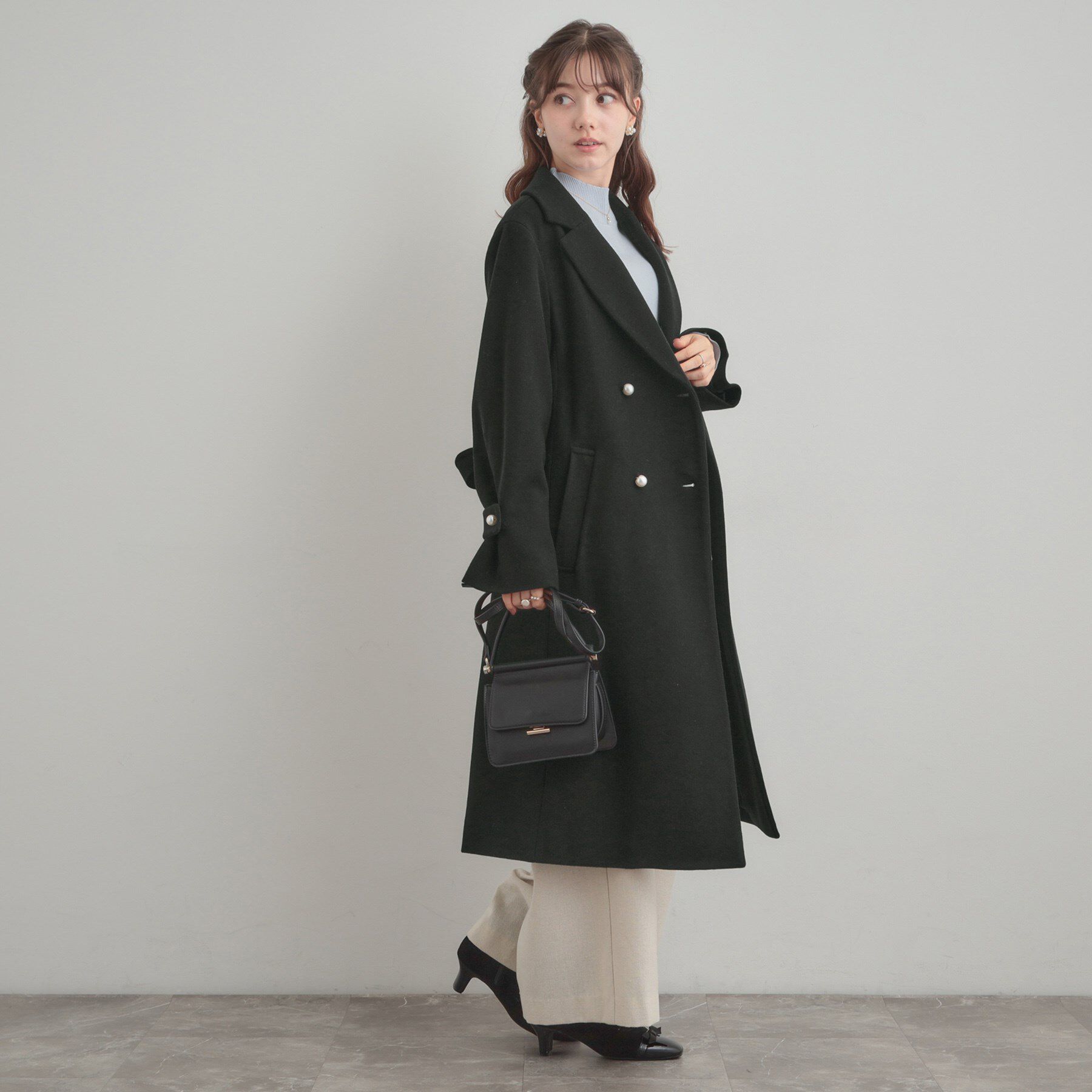 Couture broach「【大人上品・ベルト付き】パール調釦チェスターコート」|チェスターコート|