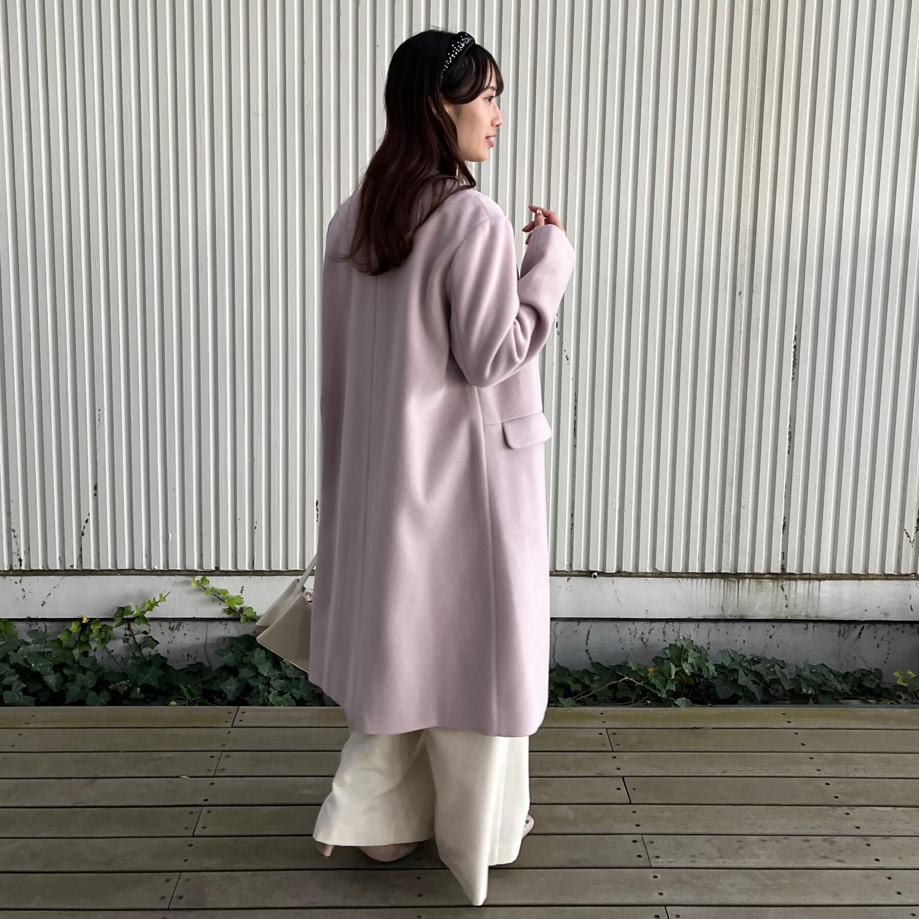 Couture broach「【通勤/ビジューブローチ付き】ノーカラー ロングコート」|ノーカラーコート|