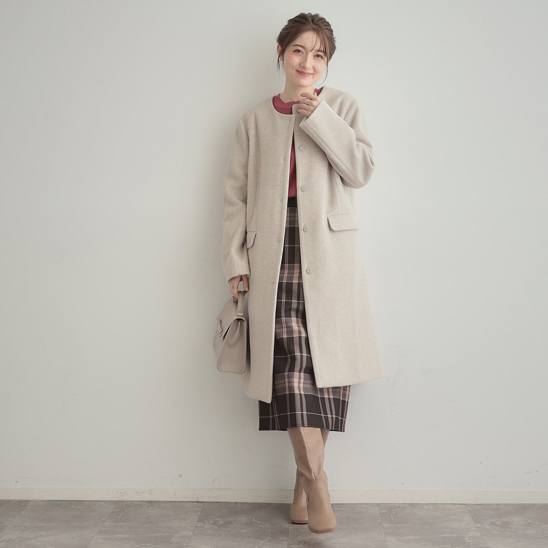 Couture broach「【通勤/ビジューブローチ付き】ノーカラー ロングコート」|ノーカラーコート|