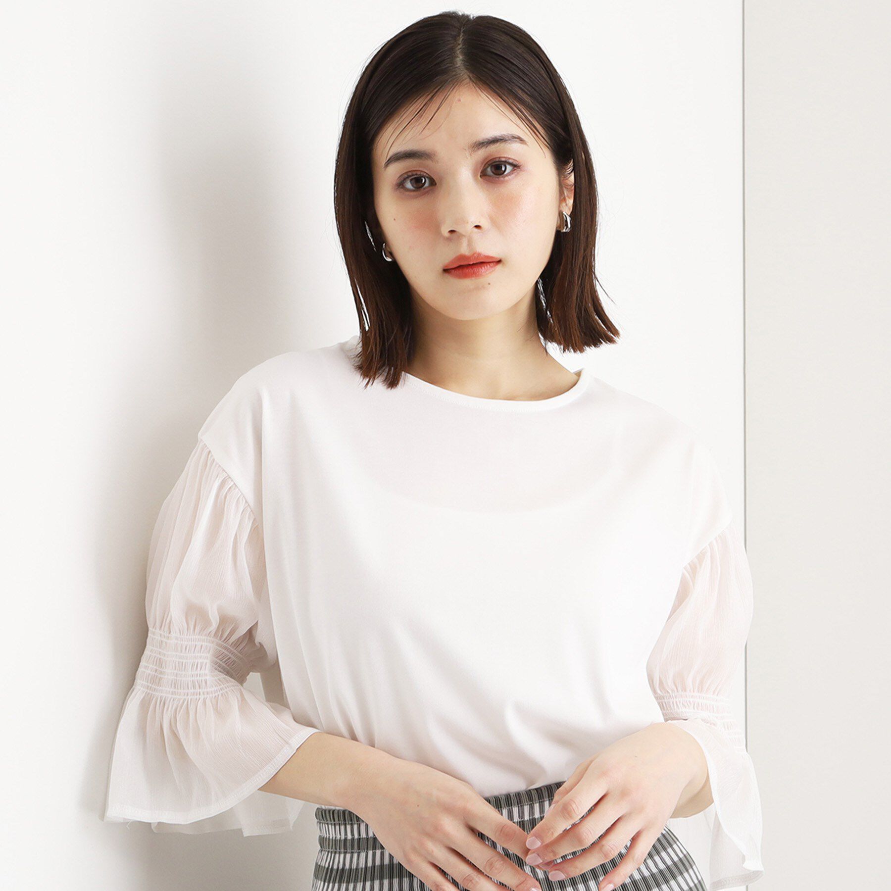 THE SHOP TK「袖シャーリングシアープルオーバー【洗濯機OK】」|Tシャツ・カットソー|オフホワイト(003