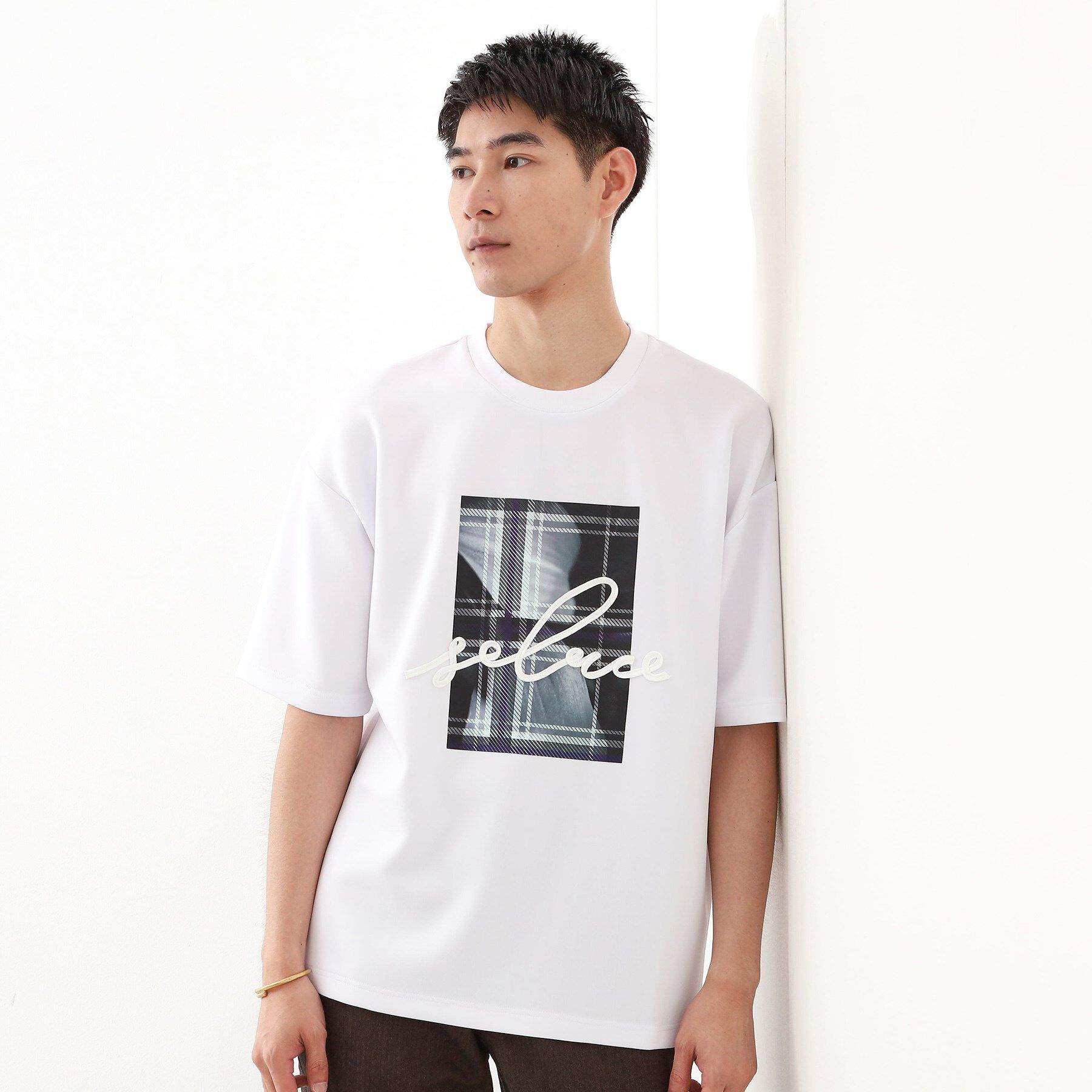 THE SHOP TK「コード刺繍フォトプリント半袖Tシャツ 【洗濯機OK】」|Tシャツ・カットソー|オフホワイト(003