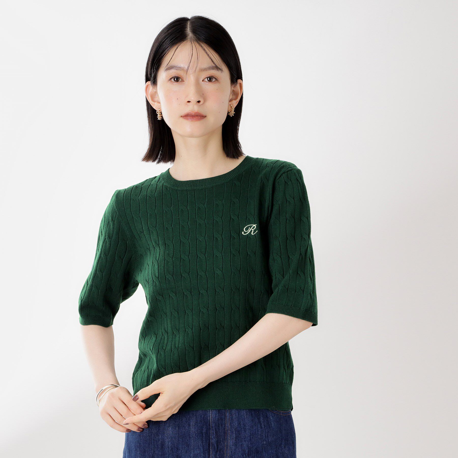 THE SHOP TK「ワンポイント刺繍ケーブル半袖ニット【洗濯機OK】」|ニット・セーター|グリーン(022)