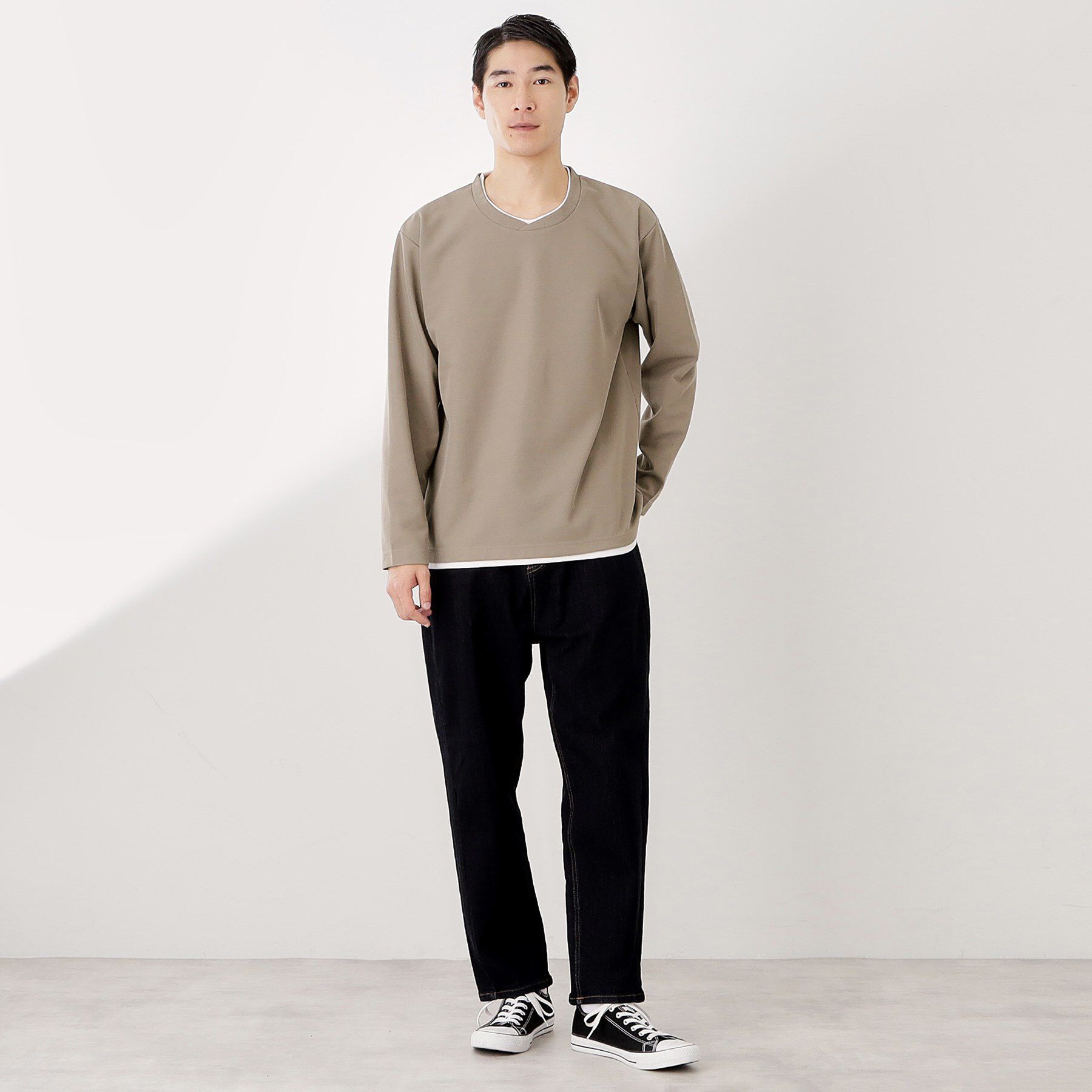 THE SHOP TK「【一枚でコーディネートが完成！】レイヤード風クルーネック長袖Tシャツ　洗濯機OK」|Tシャツ・カットソー|