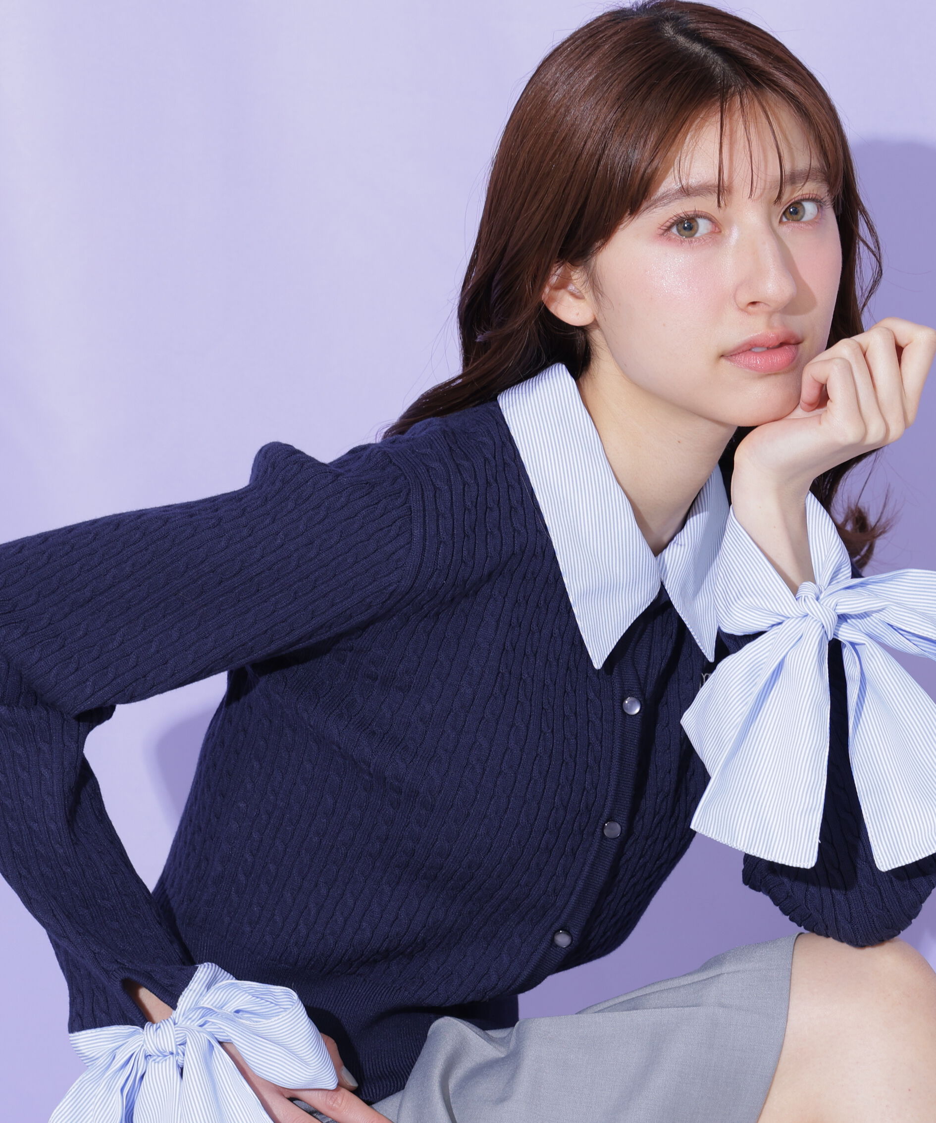  「袖リボンケーブルカーディガン」|ニット・セーター|ネイビー