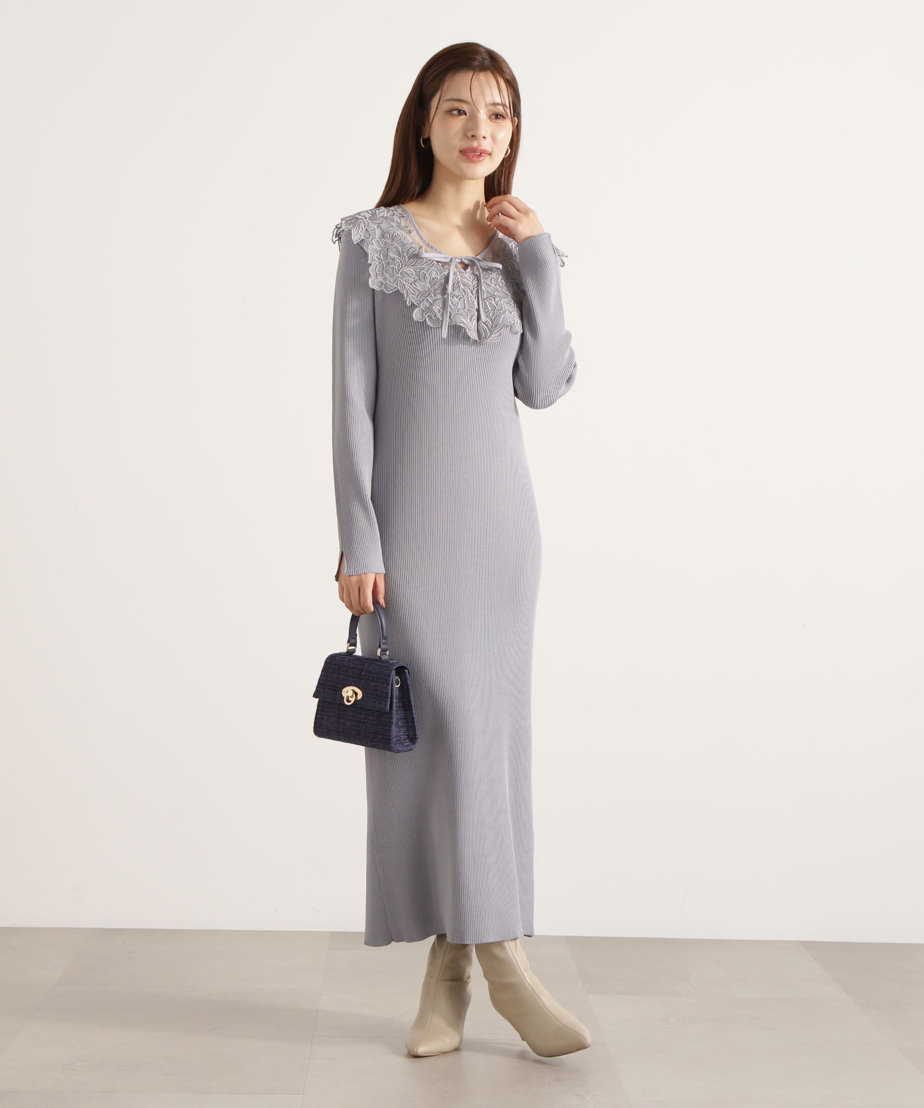 PROPORTION BODY DRESSING「ケープ風レース付きニットワンピース 25AW」|ワンピース|