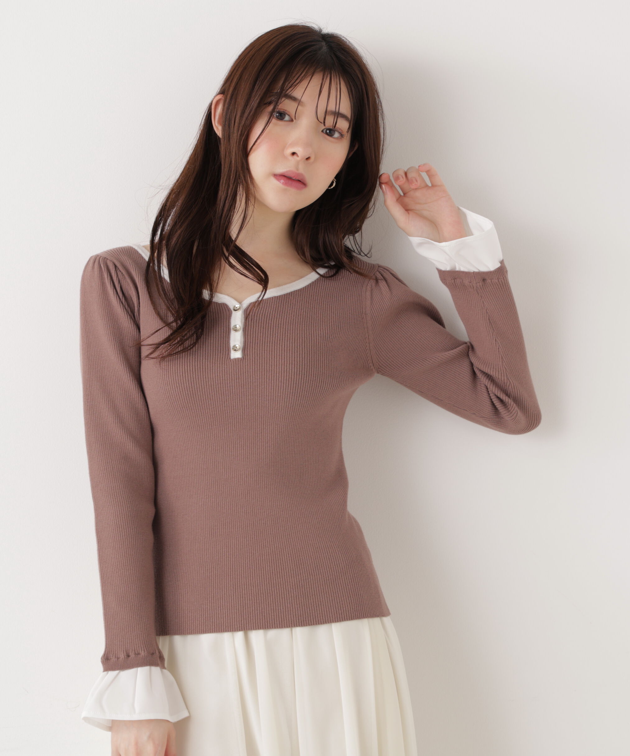 PROPORTION BODY DRESSING「異素材スリーブニット 25AW」|ニット・セーター|モカ&times;ホワイ  1