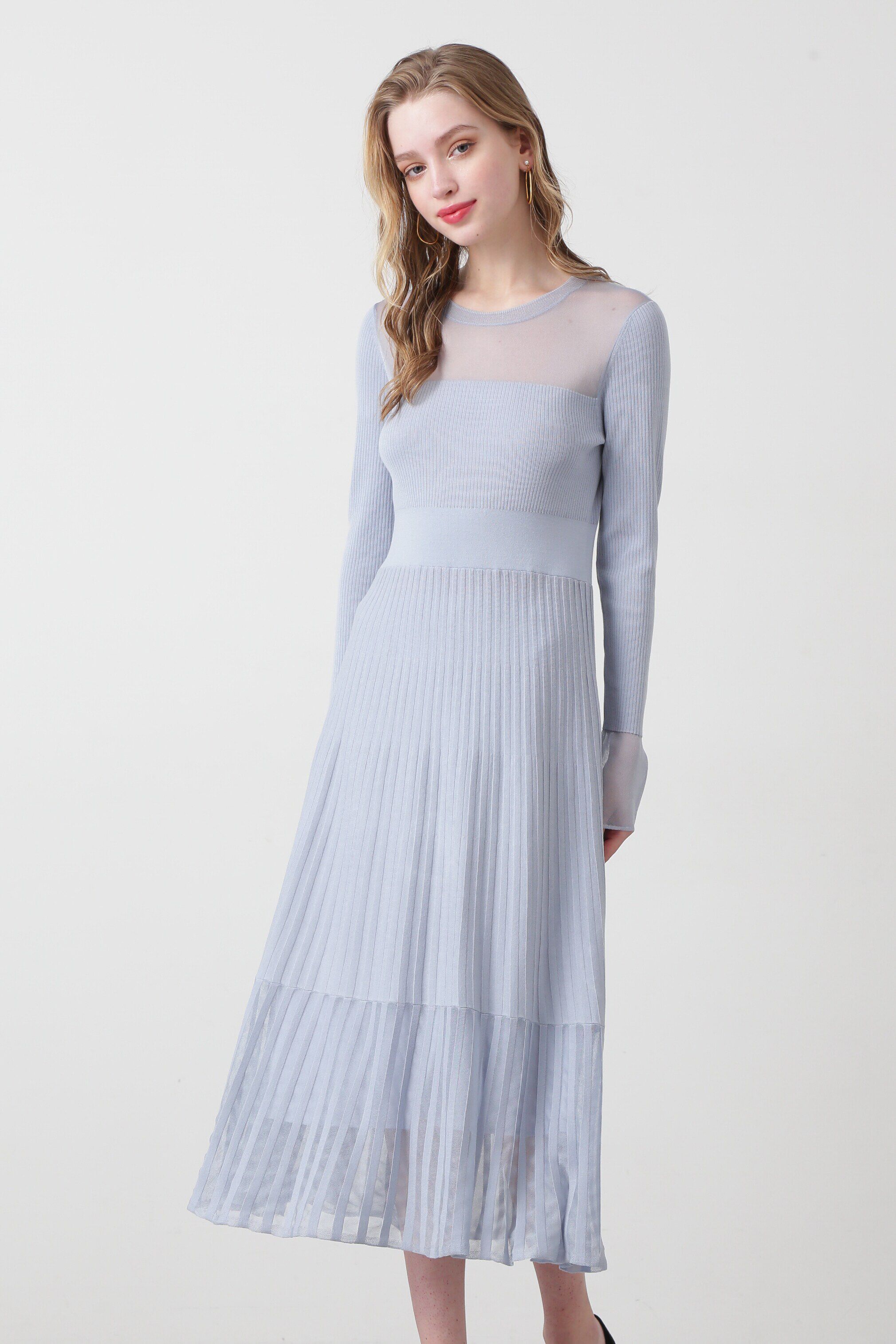  「◆シアーコンビフレアーニットワンピース」|ワンピース|サックスブル 2