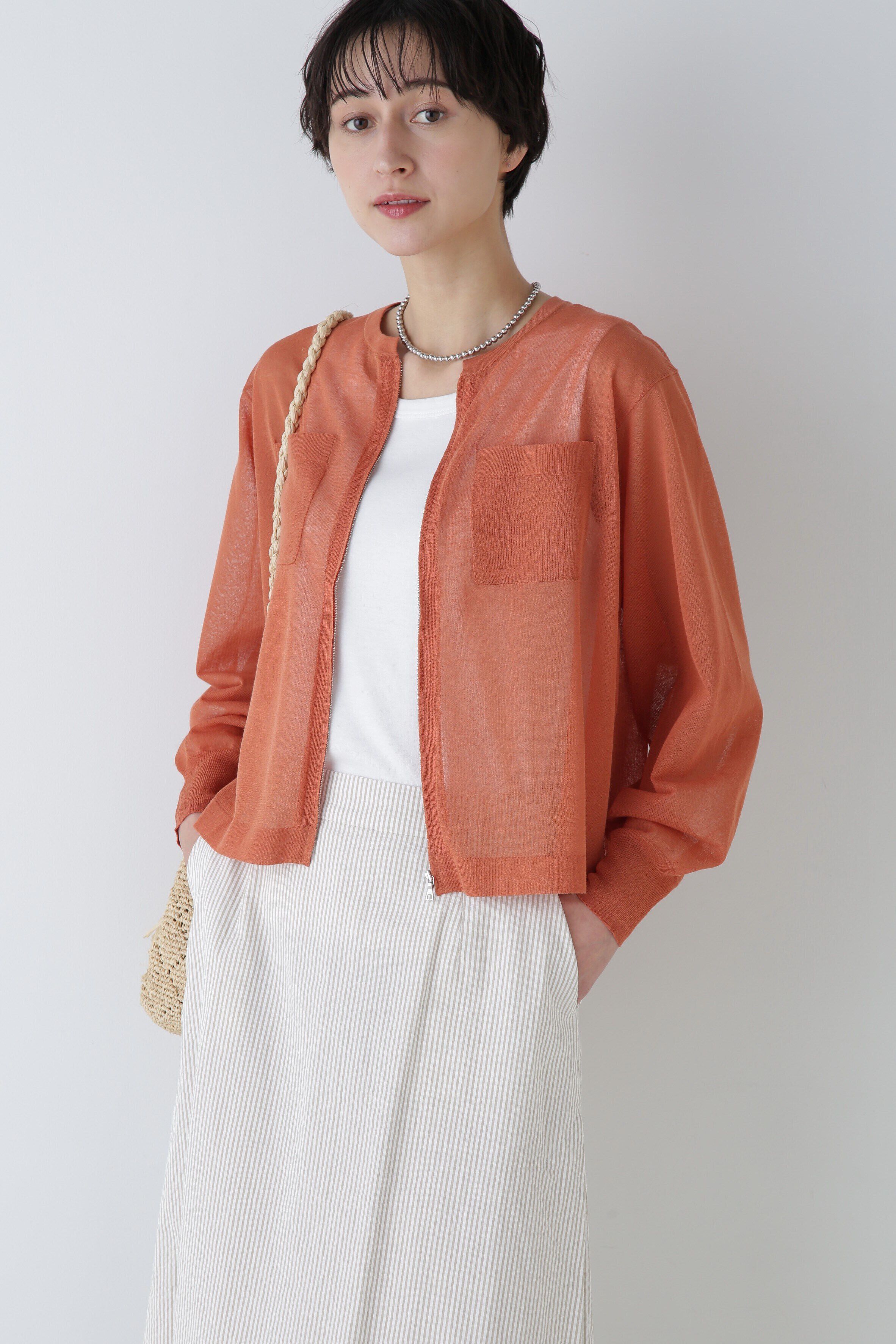  「◆シアーハイゲージニットジップアップカーディガン」|ニット・セーター|オレンジ