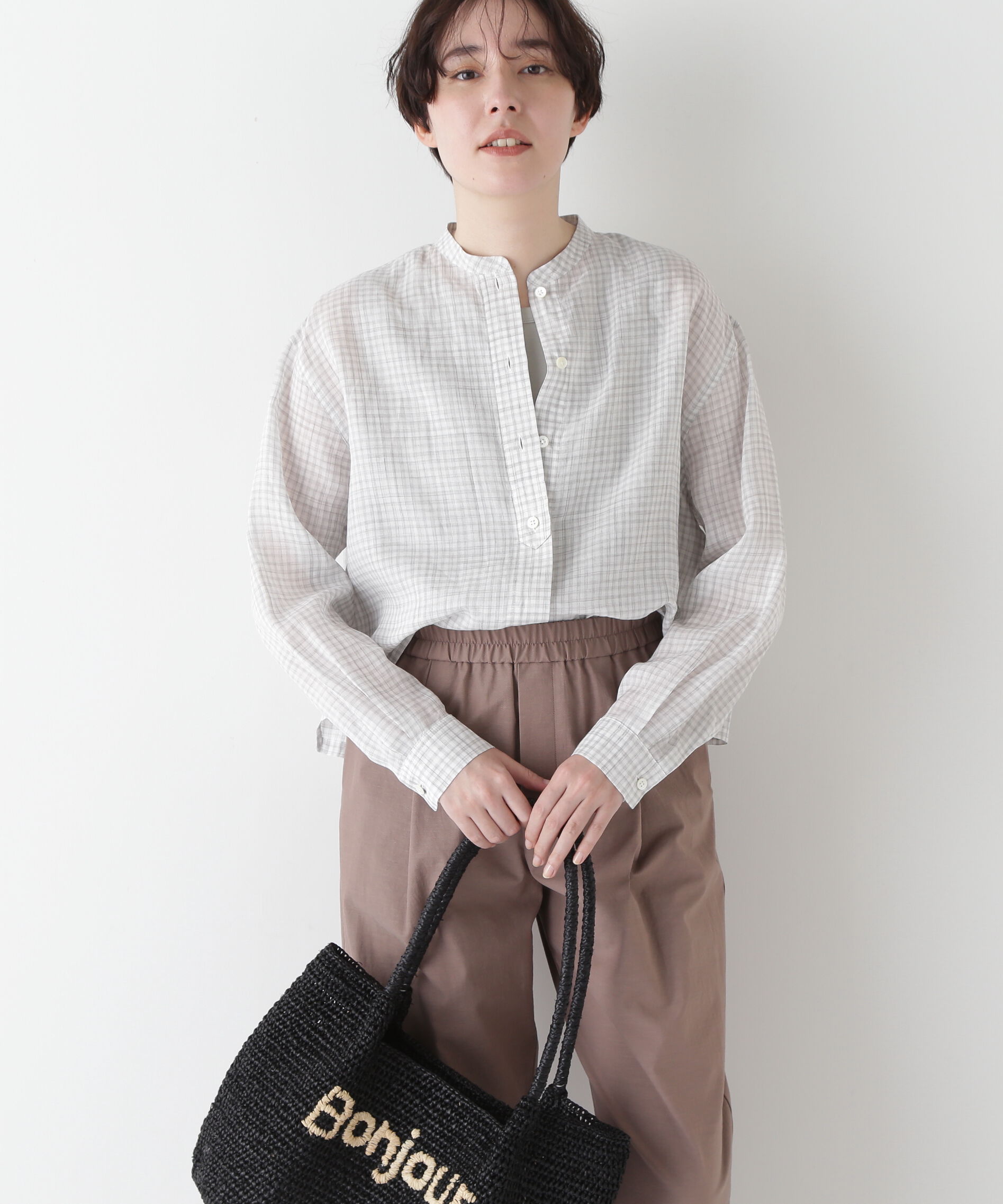  「◆ラミーバンドカラーギンガムシャツブラウス」|シャツ・ブラウス|