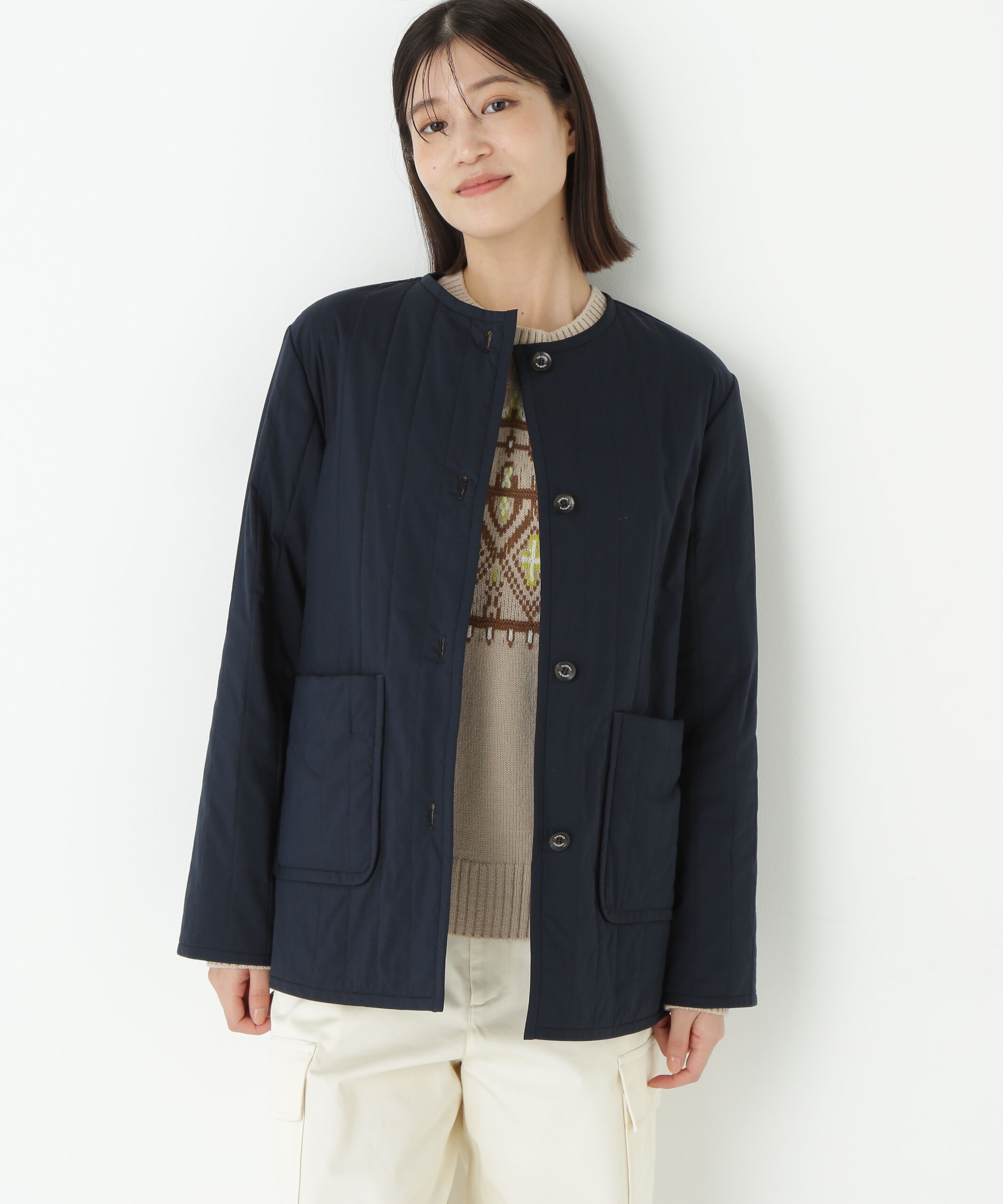  「◆バーティカルキルティングノーカラージャケット」|ブルゾン・スタジャン|ネイビー