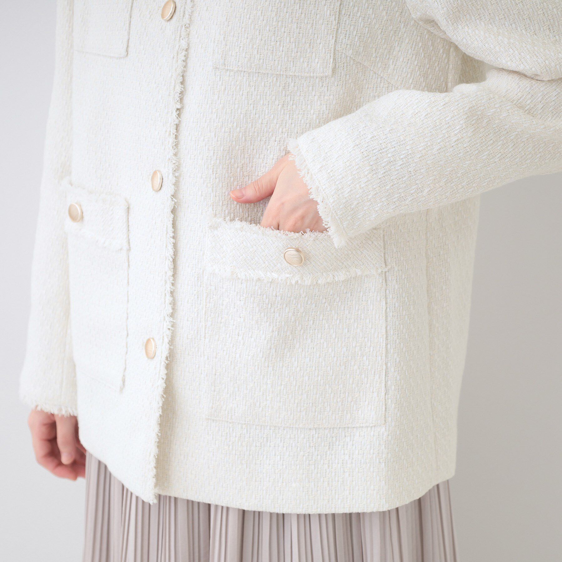 SHOO･LA･RUE「【S-3L/セレモニーからデイリーまで】フリンジツイードジャケット」|ノーカラージャケット|