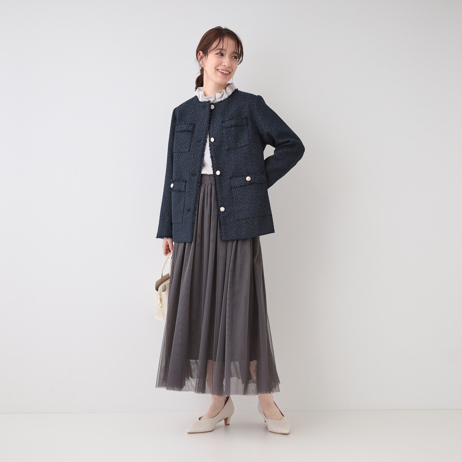 SHOO･LA･RUE「【S-3L/セレモニーからデイリーまで】フリンジツイードジャケット」|ノーカラージャケット|