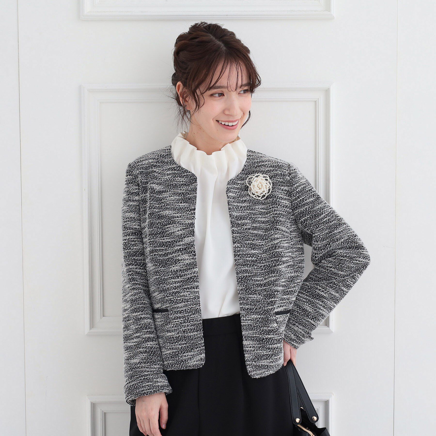 SHOO･LA･RUE「【S-3L】セレモニーからデイリーにも 軽くて柔らかくて着心地の良い カットツイードジャケット」|ノーカラージャケット|