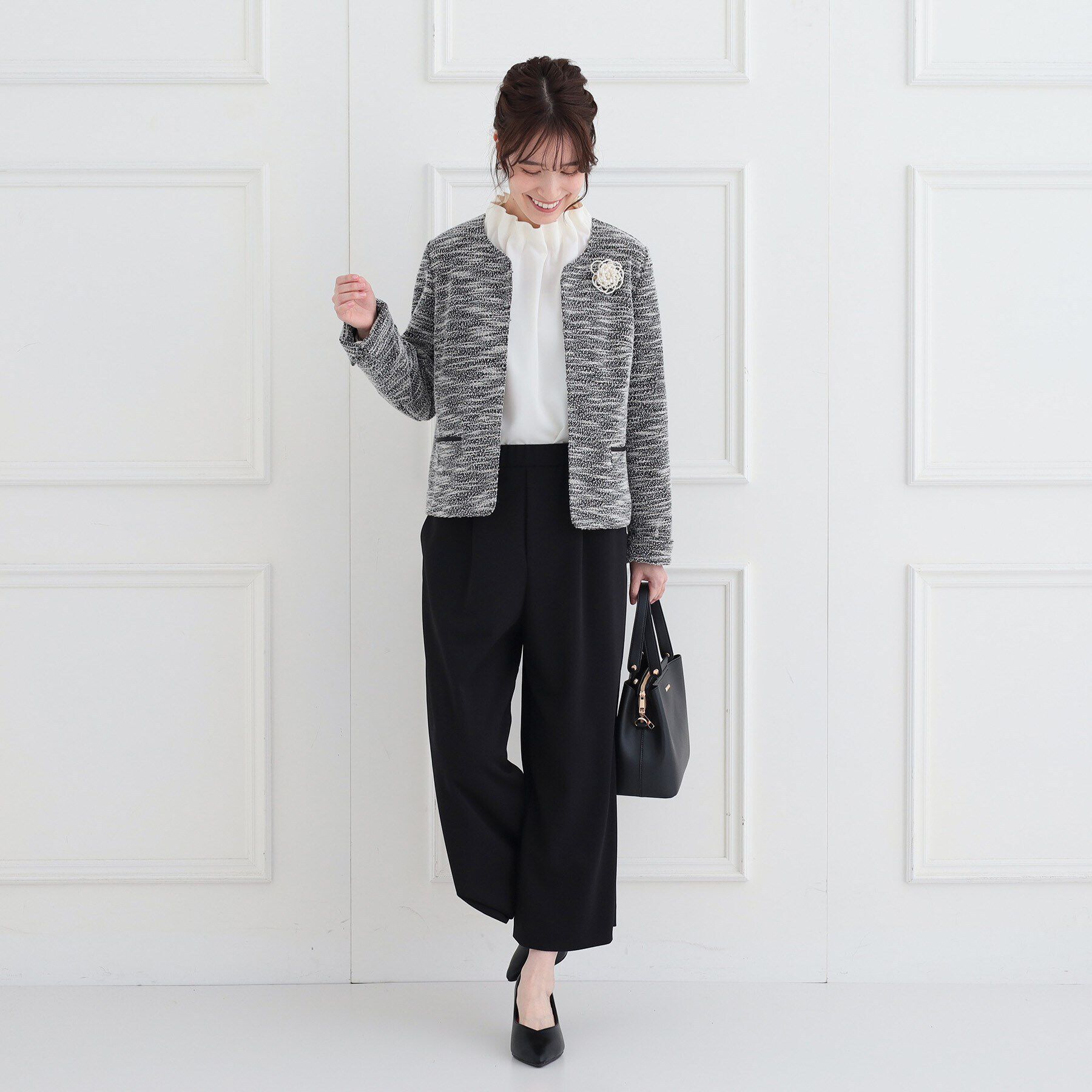 SHOO･LA･RUE「【S-3L】セレモニーからデイリーにも 軽くて柔らかくて着心地の良い カットツイードジャケット」|ノーカラージャケット|