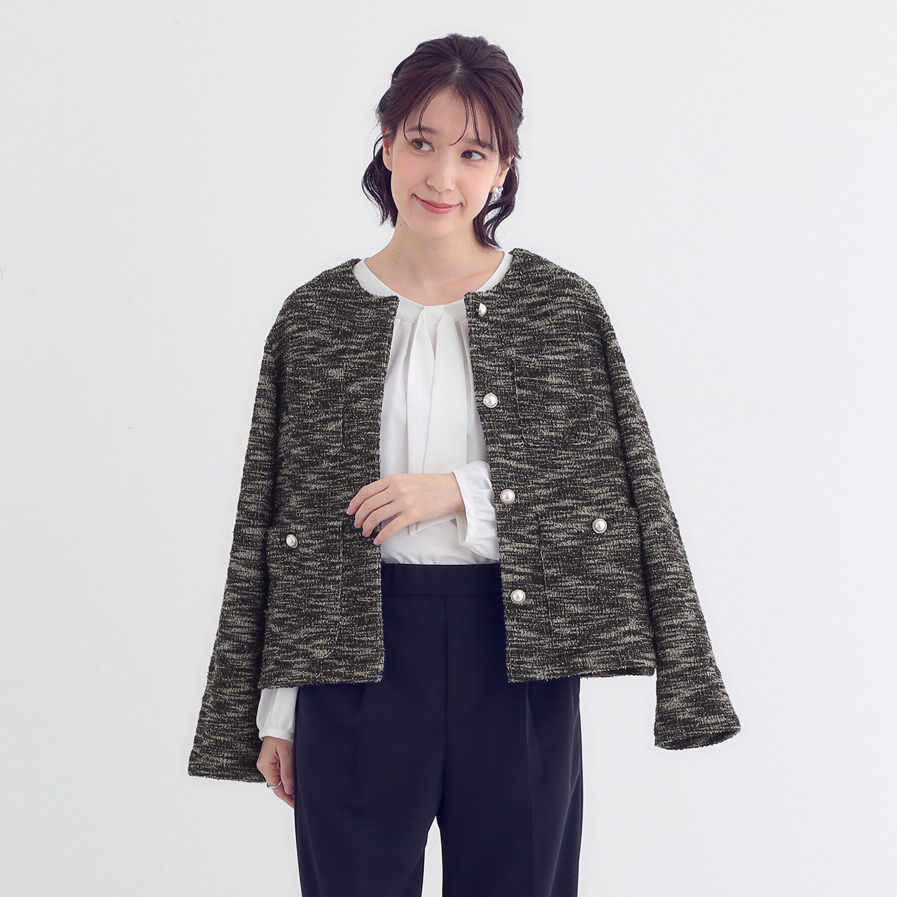 SHOO･LA･RUE「カットツイードジャケット」|ノーカラージャケット|