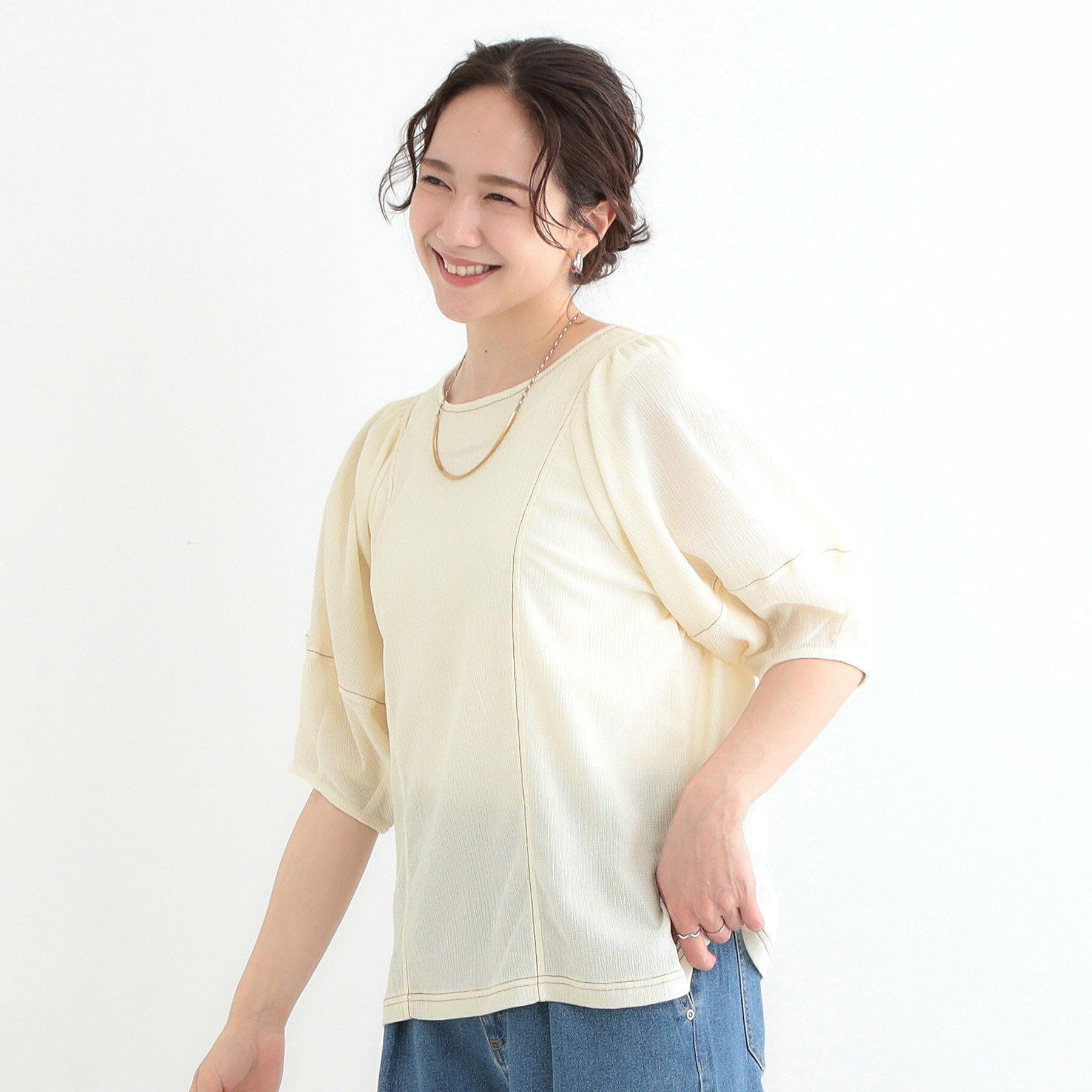 SHOO･LA･RUE「【洗える/S-LL/UV】 配色ステッチがアクセント 大人のデザイントップス」|Tシャツ・カットソー|