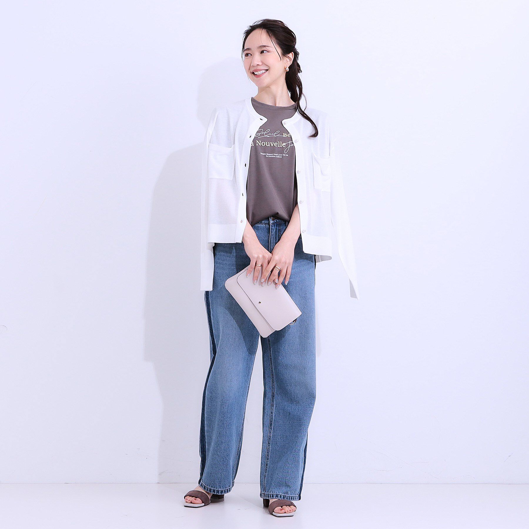 SHOO･LA･RUE「【洗える/ひんやり】パール調ボタンが目を惹く シアーニットカーディガン」|カーディガン|