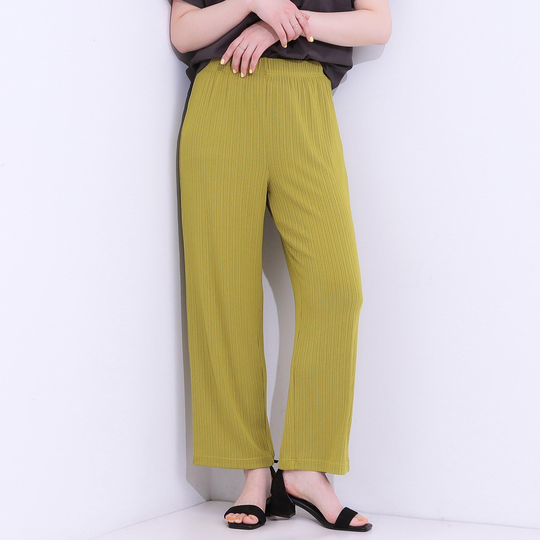 SHOO･LA･RUE「【S-LL】さらっと穿けて動きやすい リブイージーパンツ」|その他|イエロー(032)