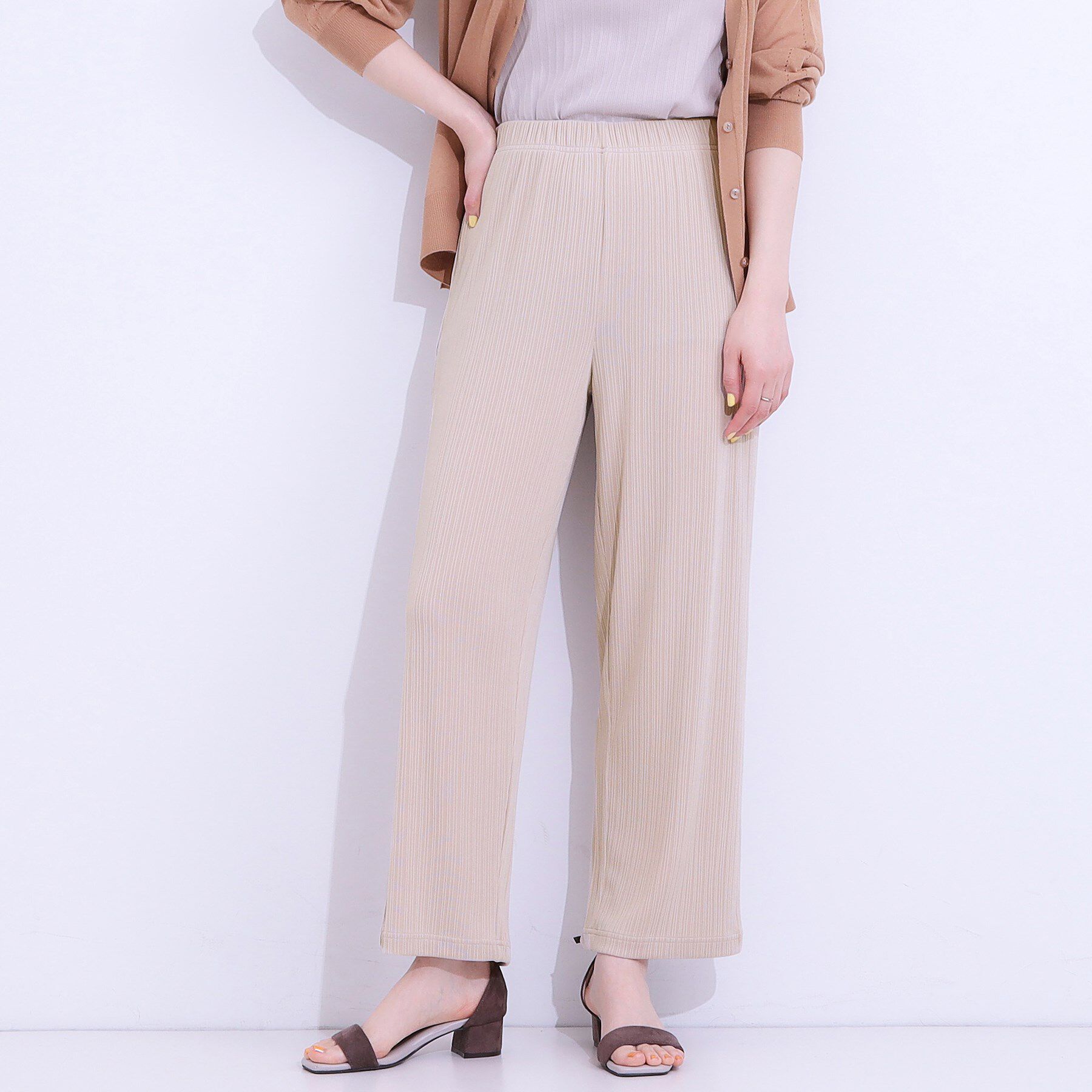 SHOO･LA･RUE「【S-LL】さらっと穿けて動きやすい リブイージーパンツ」|その他|ベージュ(052)