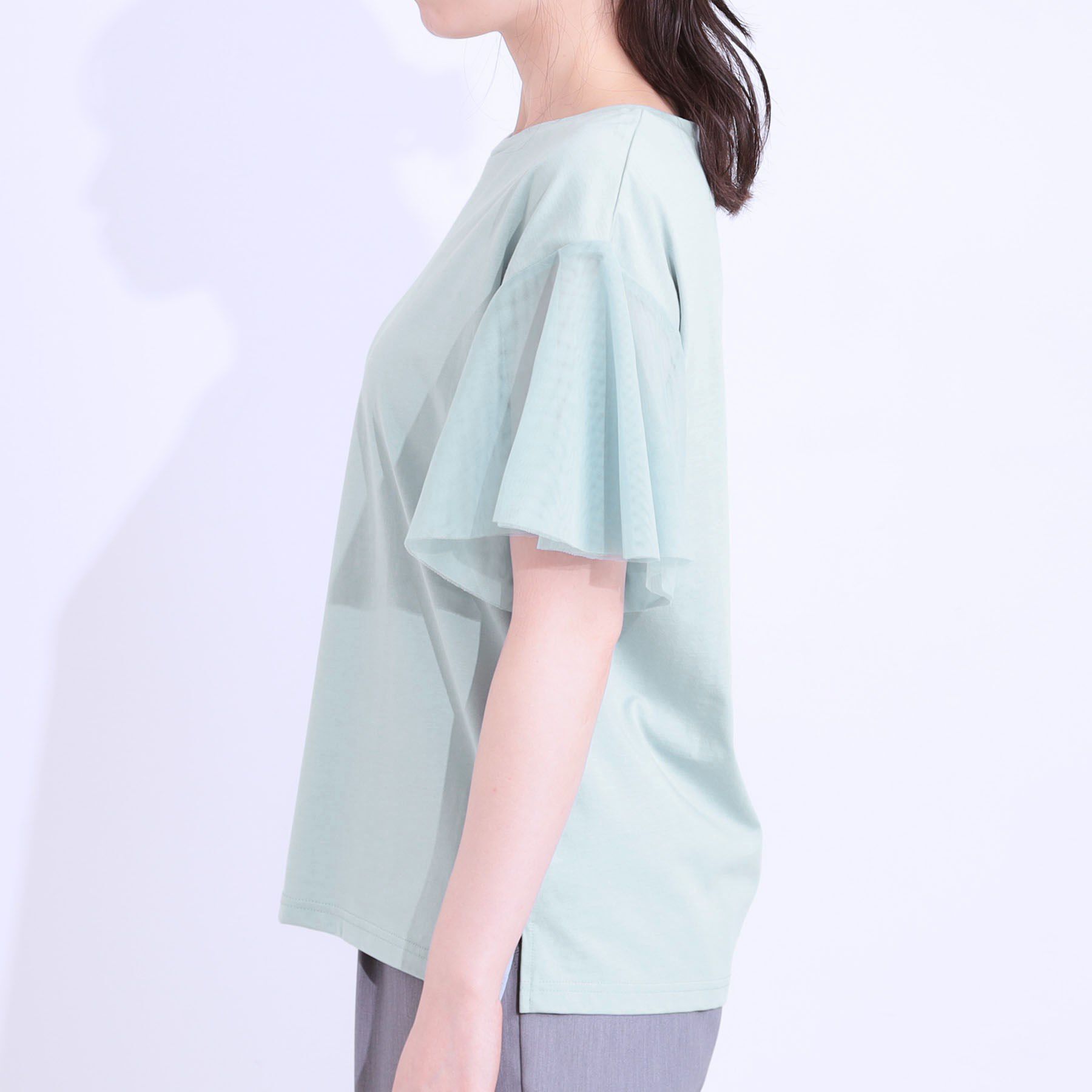 SHOO･LA･RUE「【S-LL/ひんやり】大人フェミニンに お袖チュール フリルトップス」|Tシャツ・カットソー|