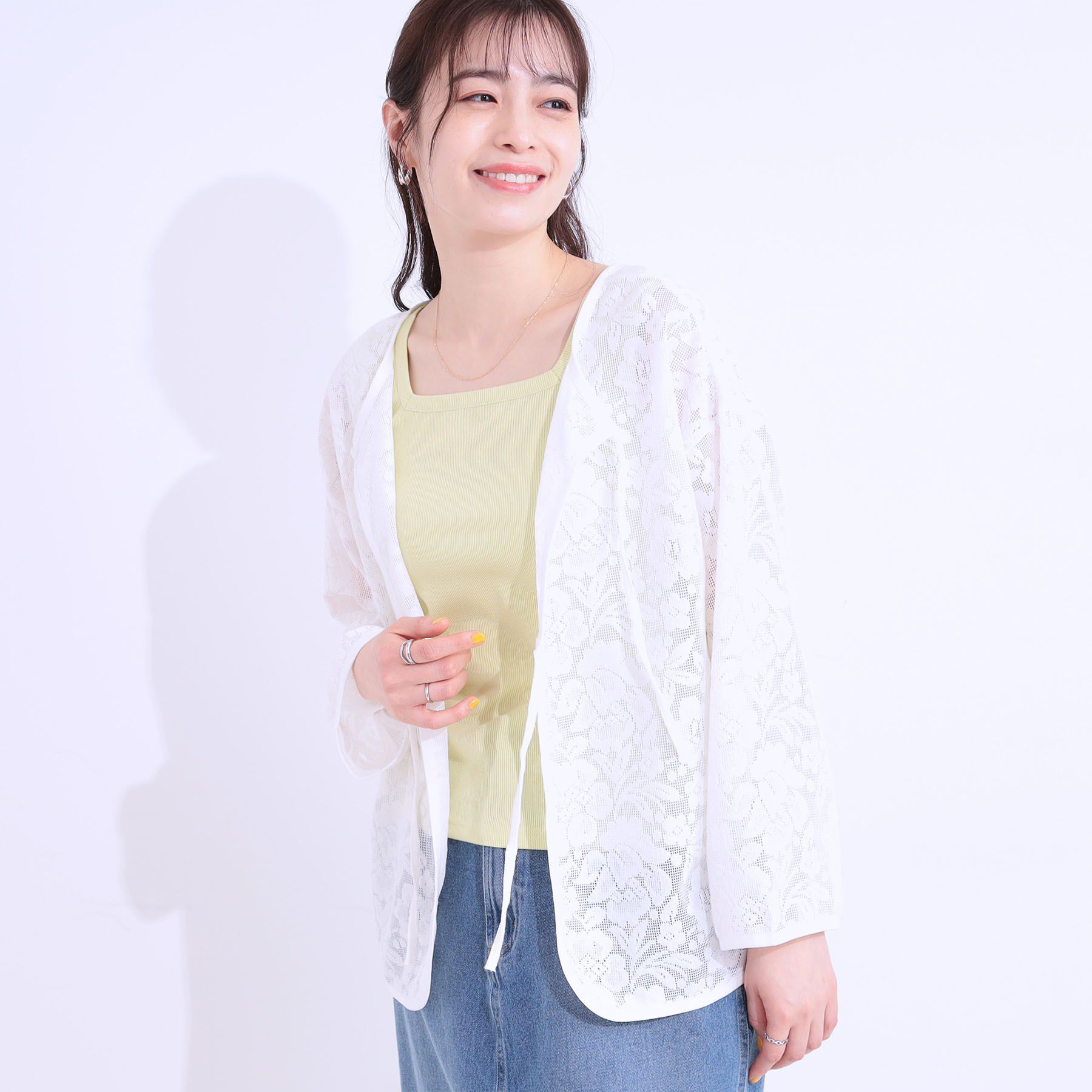 SHOO･LA･RUE「【前後2WAY/S-LL】メッシュ&times;レースがこなれ見え リボントップス」|Tシャツ・カットソー|オフホワイト(003