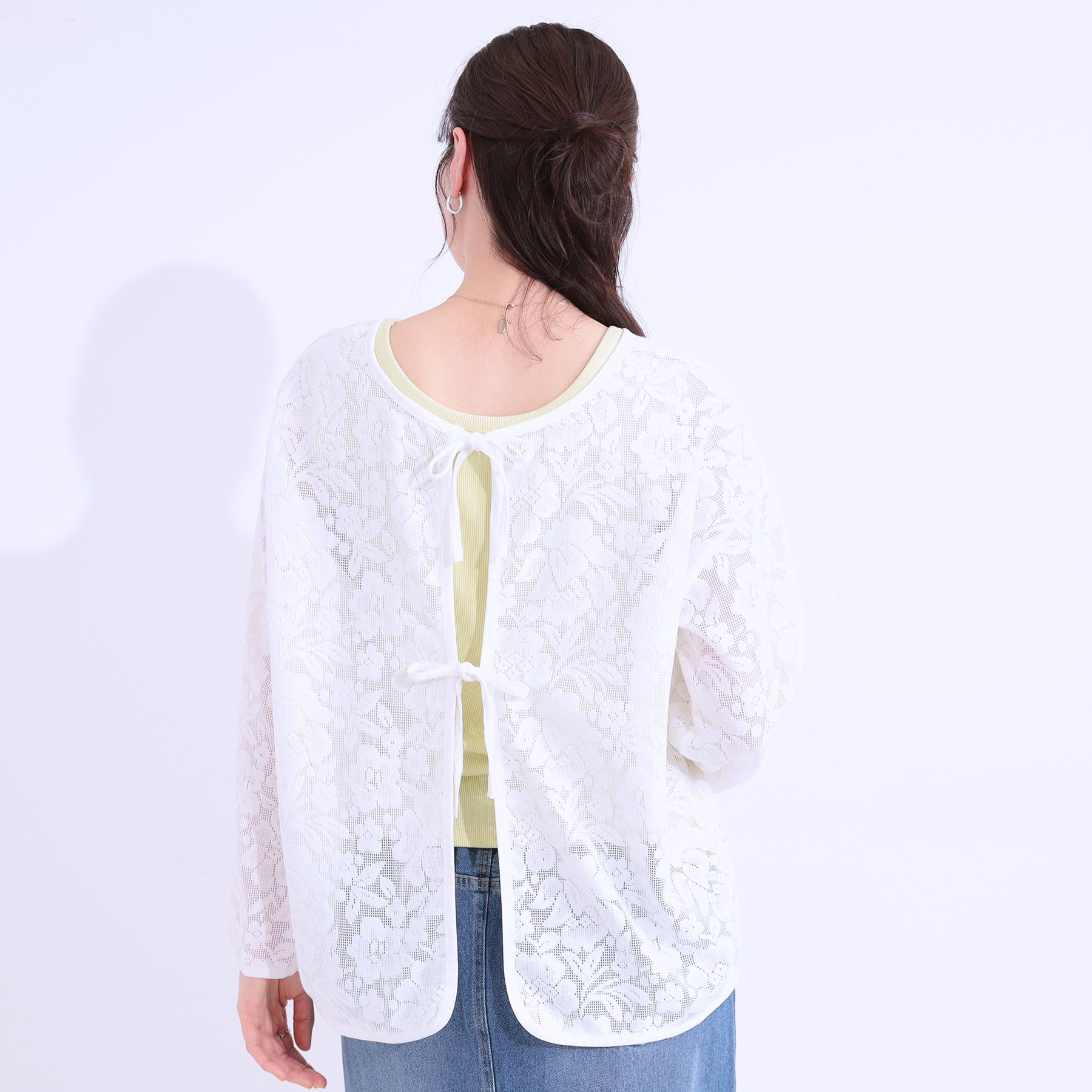 SHOO･LA･RUE「【前後2WAY/S-LL】メッシュ&times;レースがこなれ見え リボントップス」|Tシャツ・カットソー|