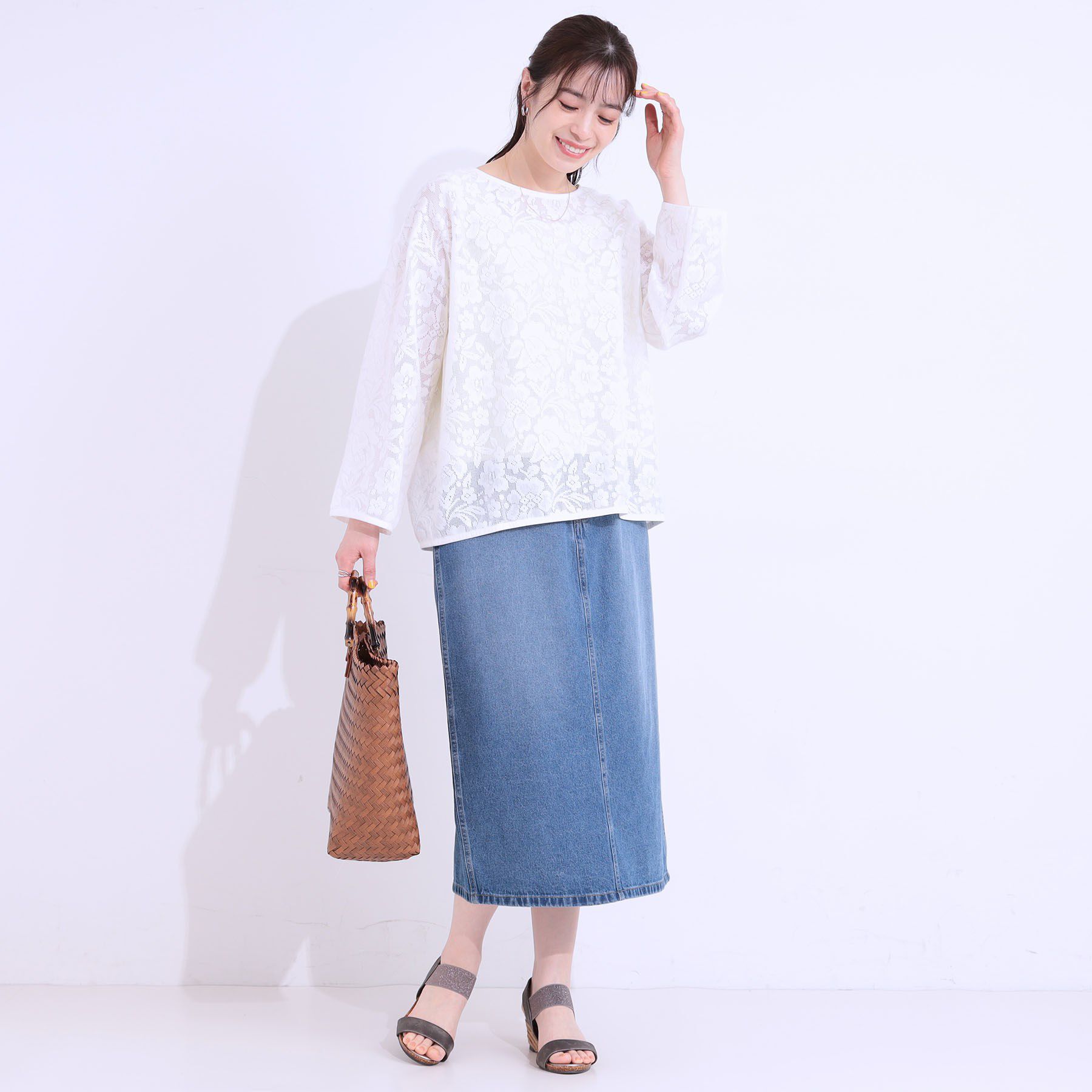 SHOO･LA･RUE「【前後2WAY/S-LL】メッシュ&times;レースがこなれ見え リボントップス」|Tシャツ・カットソー|