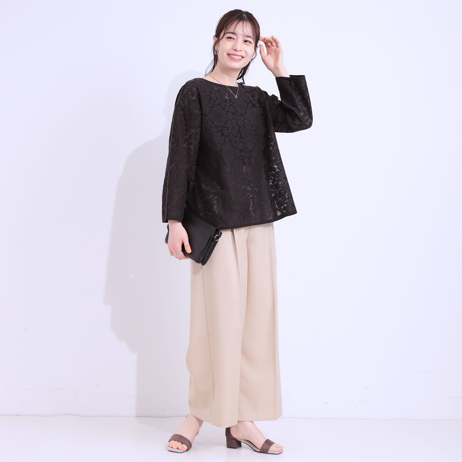 SHOO･LA･RUE「【前後2WAY/S-LL】メッシュ&times;レースがこなれ見え リボントップス」|Tシャツ・カットソー|