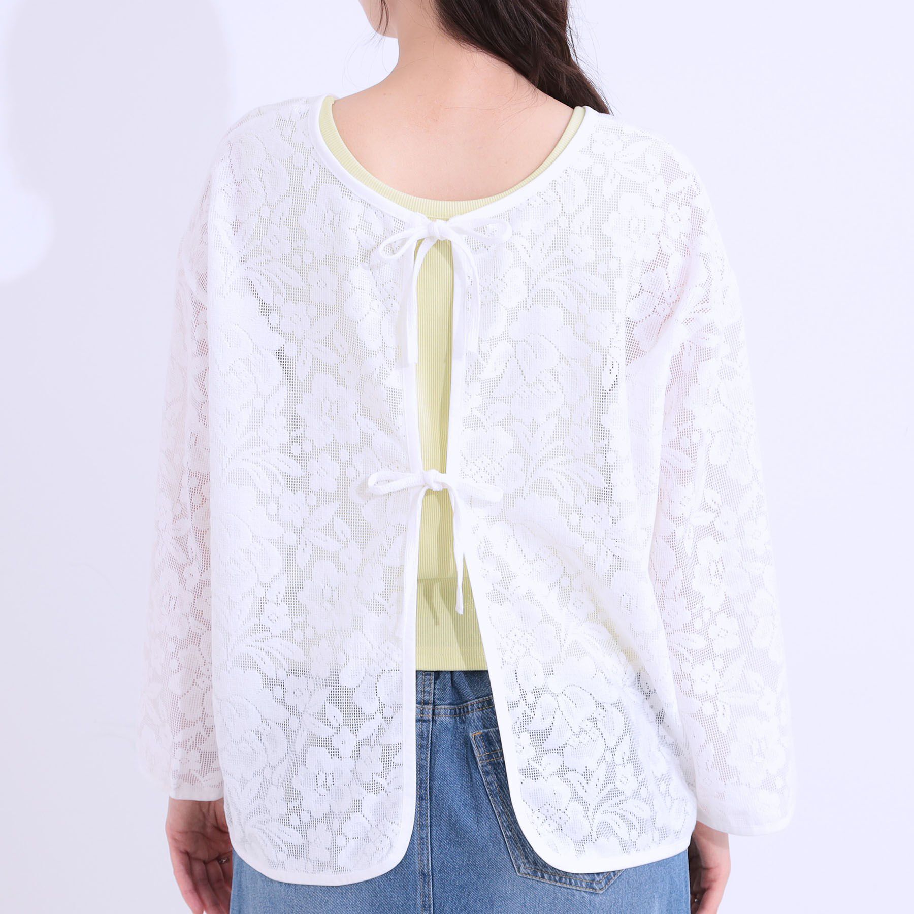 SHOO･LA･RUE「【前後2WAY/S-LL】メッシュ&times;レースがこなれ見え リボントップス」|Tシャツ・カットソー|