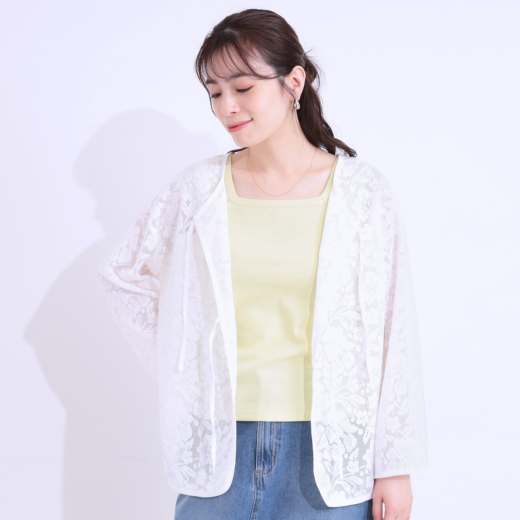 SHOO･LA･RUE「【前後2WAY/S-LL】メッシュ&times;レースがこなれ見え リボントップス」|Tシャツ・カットソー|