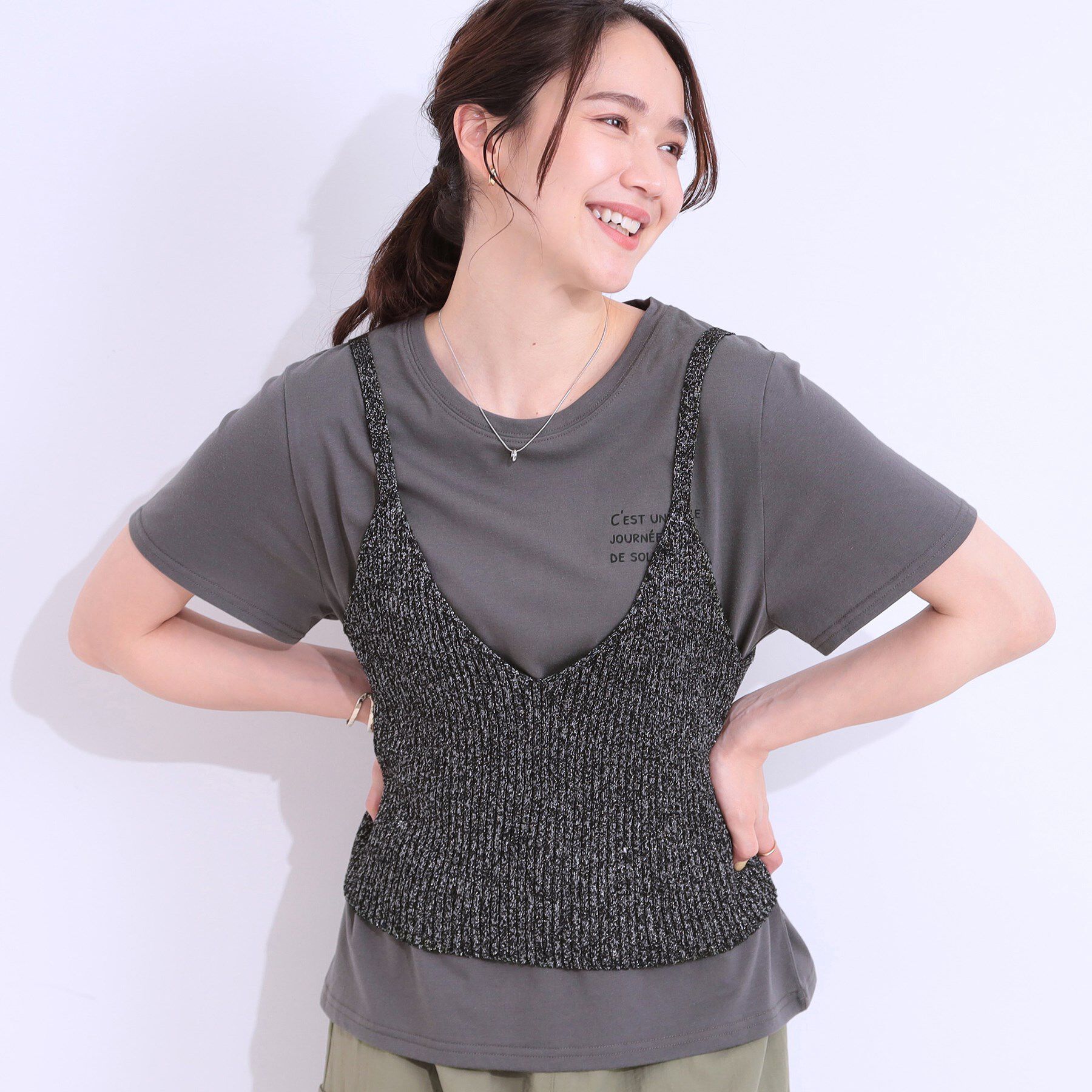 SHOO･LA･RUE「【S-LL/2点セット】ラメニットキャミ＆ロゴTシャツ」|その他|ブラック(019)