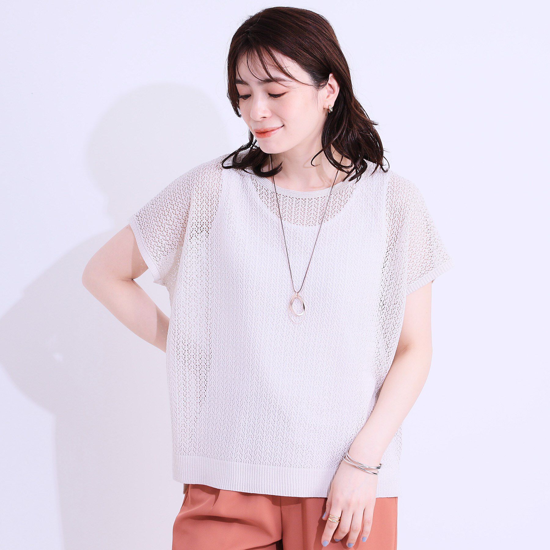 SHOO･LA･RUE「【S-LL/2点セット】程よいラメが上品 透かしニット＋タンクトップ」|ニット・セーター|