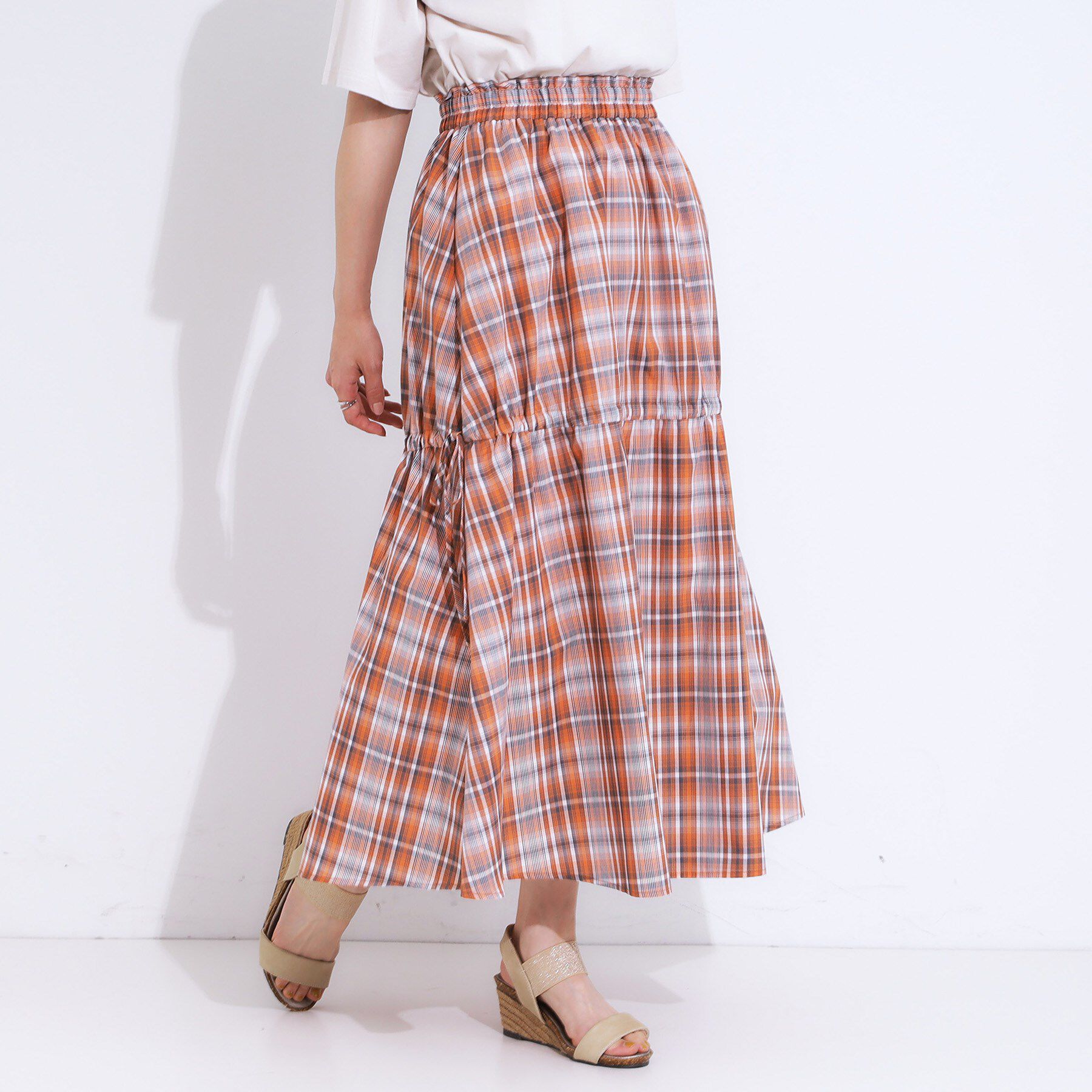 SHOO･LA･RUE「【S-LL】シルエットが変えられる チェック柄リボンフレアスカート」|スカート|