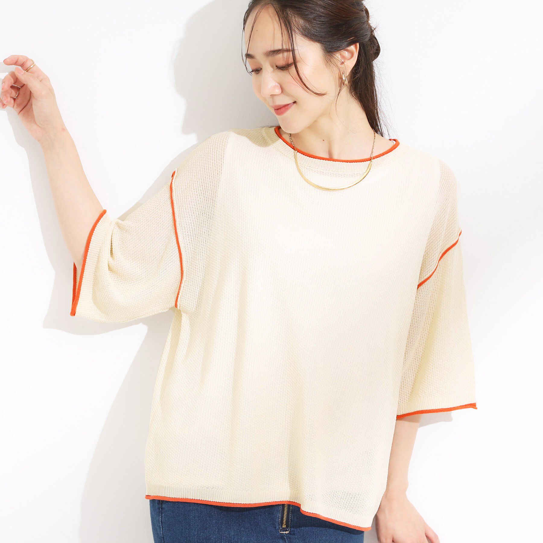 SHOO･LA･RUE「【S-LL/2点セット】配色使いがアクセント 半袖ニット+タンクトップ」|その他|アイボリー(504)