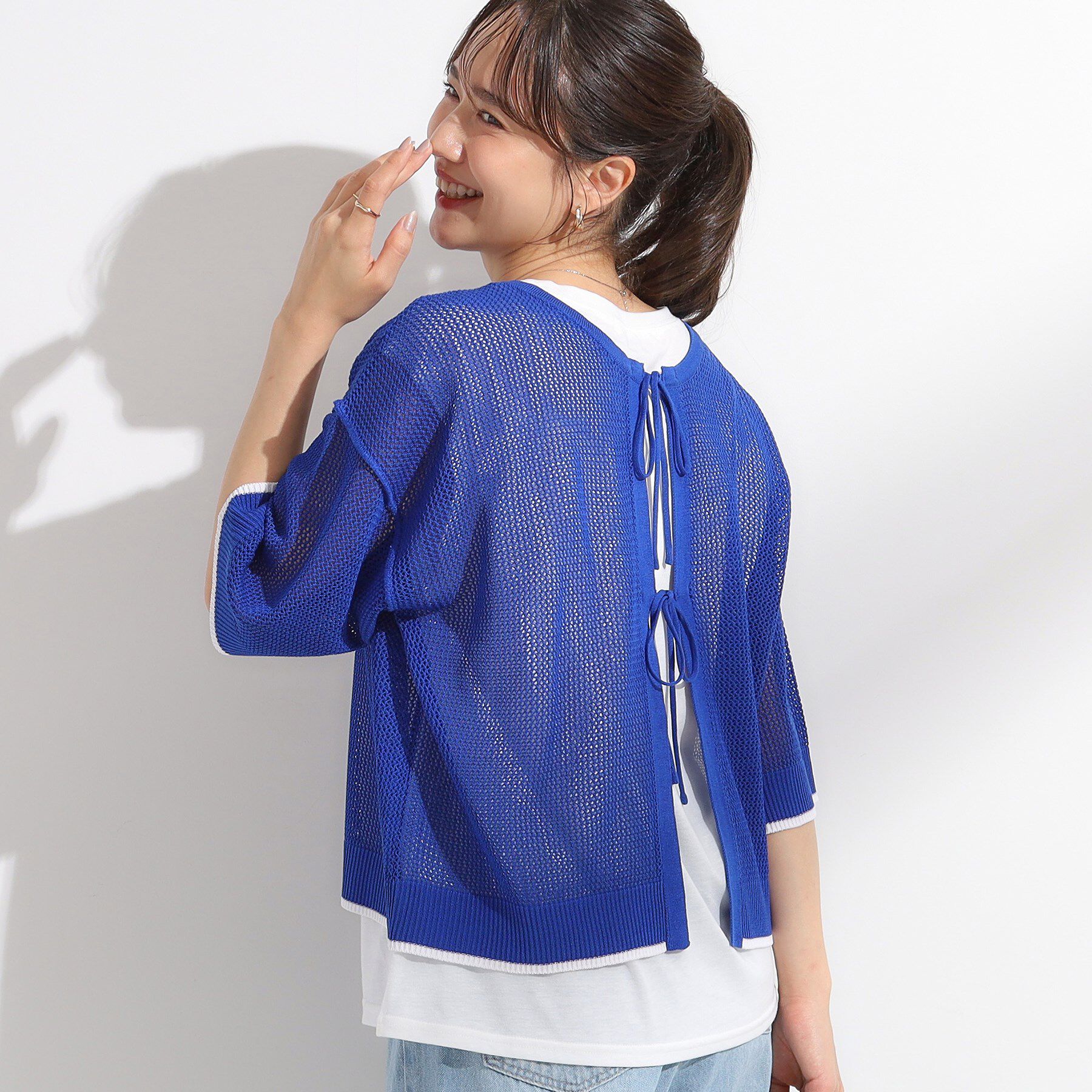 SHOO･LA･RUE「【2点セット/S-LL】メッシュリボン2WAYニット&times;フレンチスリーブTシャツ」|その他|ブルー(092)