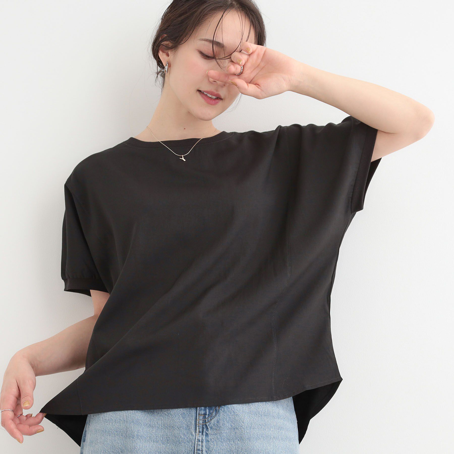 SHOO･LA･RUE「【ひんやり/洗濯後しわになりにくい】リブ切り替えドルマンブラウス」|シャツ・ブラウス|ブラック(019)